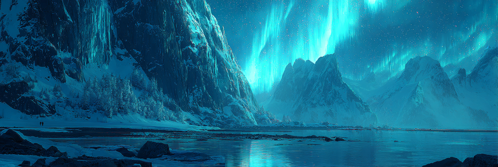 Polarlicht Schneebedeckte Berge Mit Aurora Borealis Und Reflektion Im Wasser | Fjorde und Gletscher | Landschaften