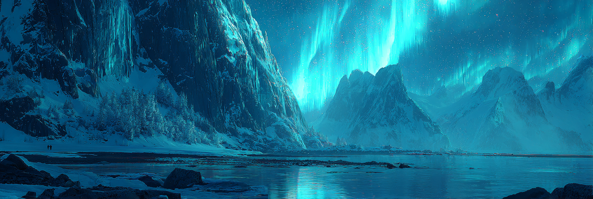 Polarlicht Schneebedeckte Berge Mit Aurora Borealis Und Reflektion Im Wasser | Fjorde und Gletscher | Landschaften
