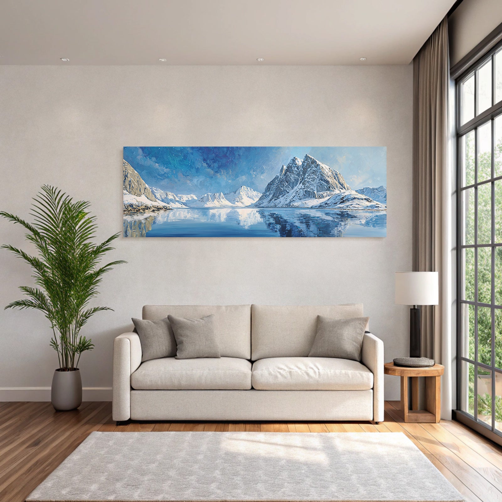 Polarlicht Schneebedeckte Berge Und Ruhiger Wasser Spiegel Winterlandschaft | Fjorde und Gletscher | Landschaften