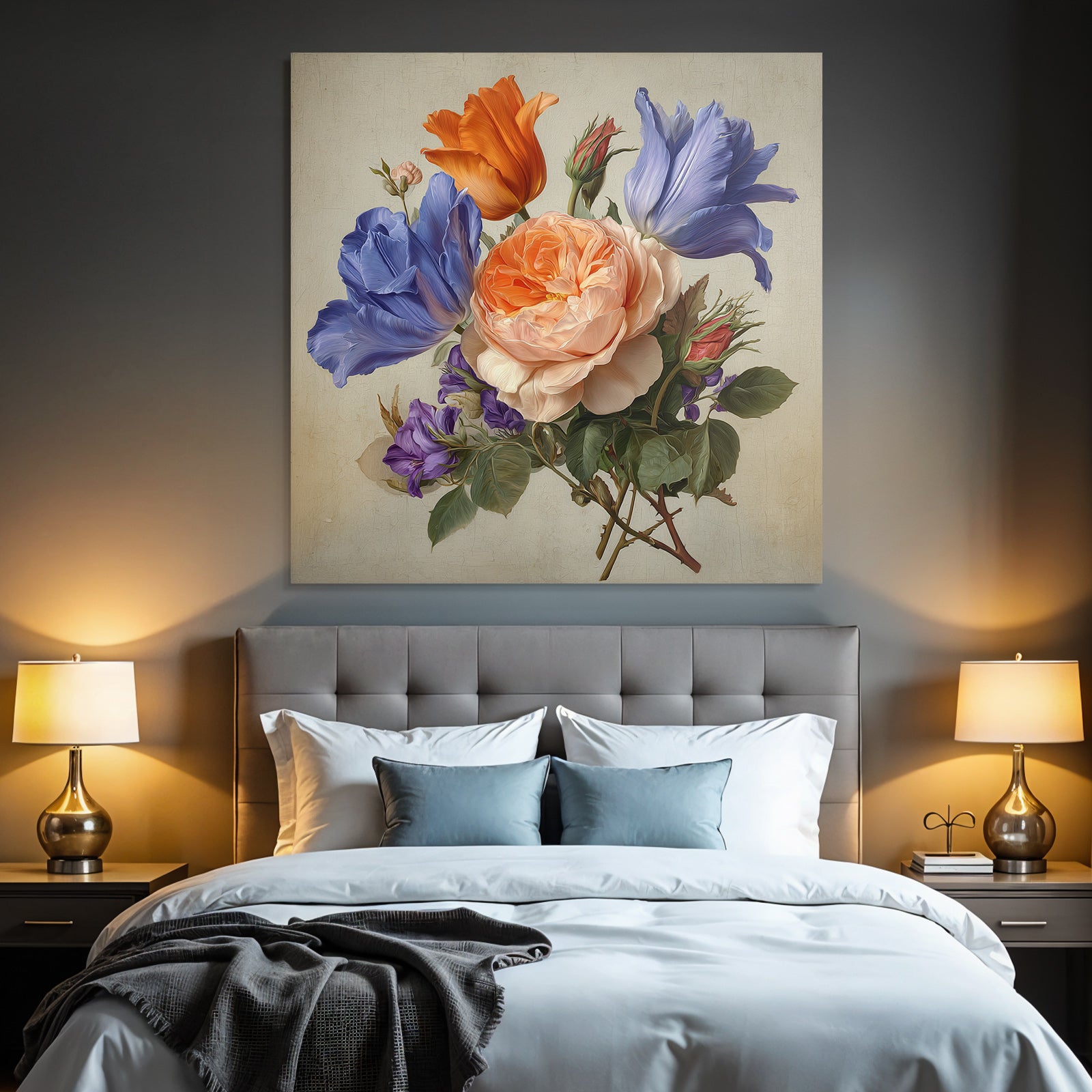 Schöner Blumiger Bunter Strauss Aus Blau Orange Rosa Und Purpur Mit Grünem Laub
