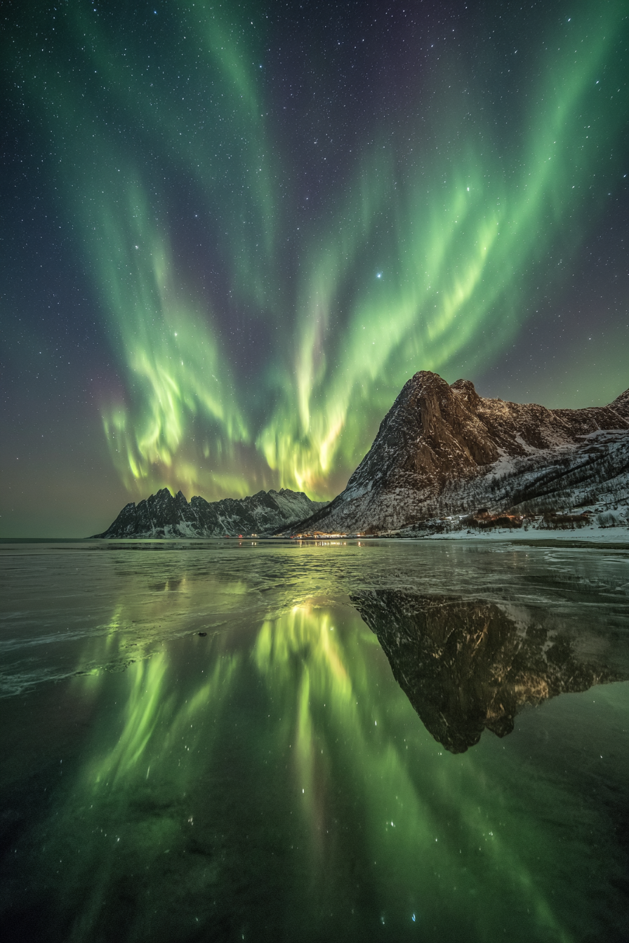 Polarlicht Aurora Borealis Nordlichter In Norwegen Gebirgen Und Sternenhimmel | Fjorde und Gletscher | Landschaften