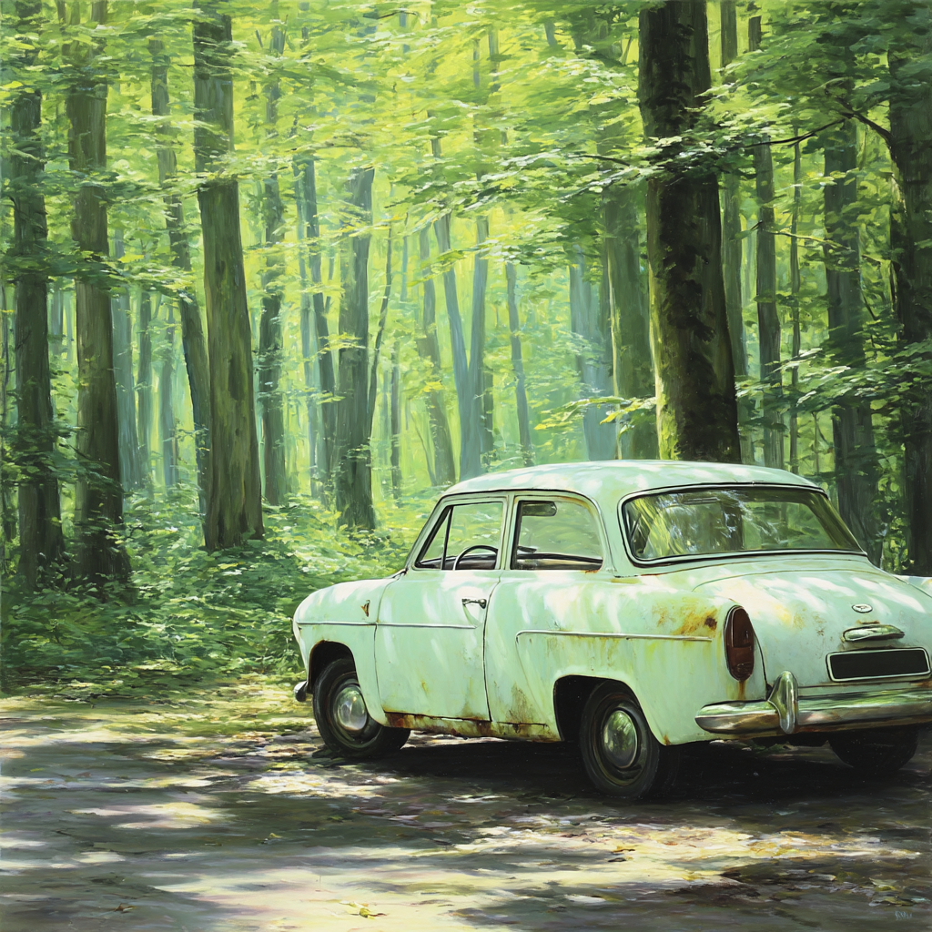 Alte Rostige Auto Im Wald Unter Lichtstrahlen | Duenen und Heide | Landschaften