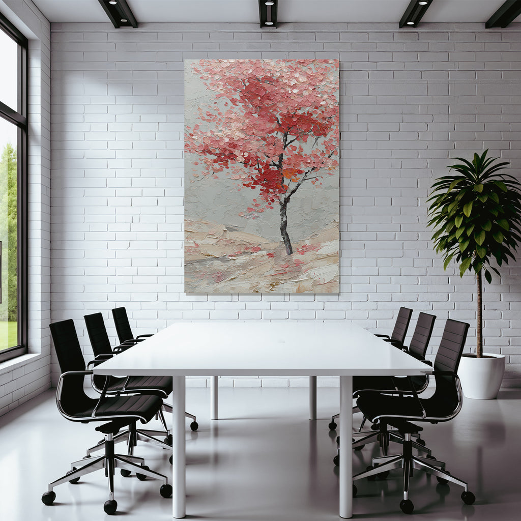 Impasto Baum Mit Pinken Und Roten Blättern Vor Graüm Hintergrund