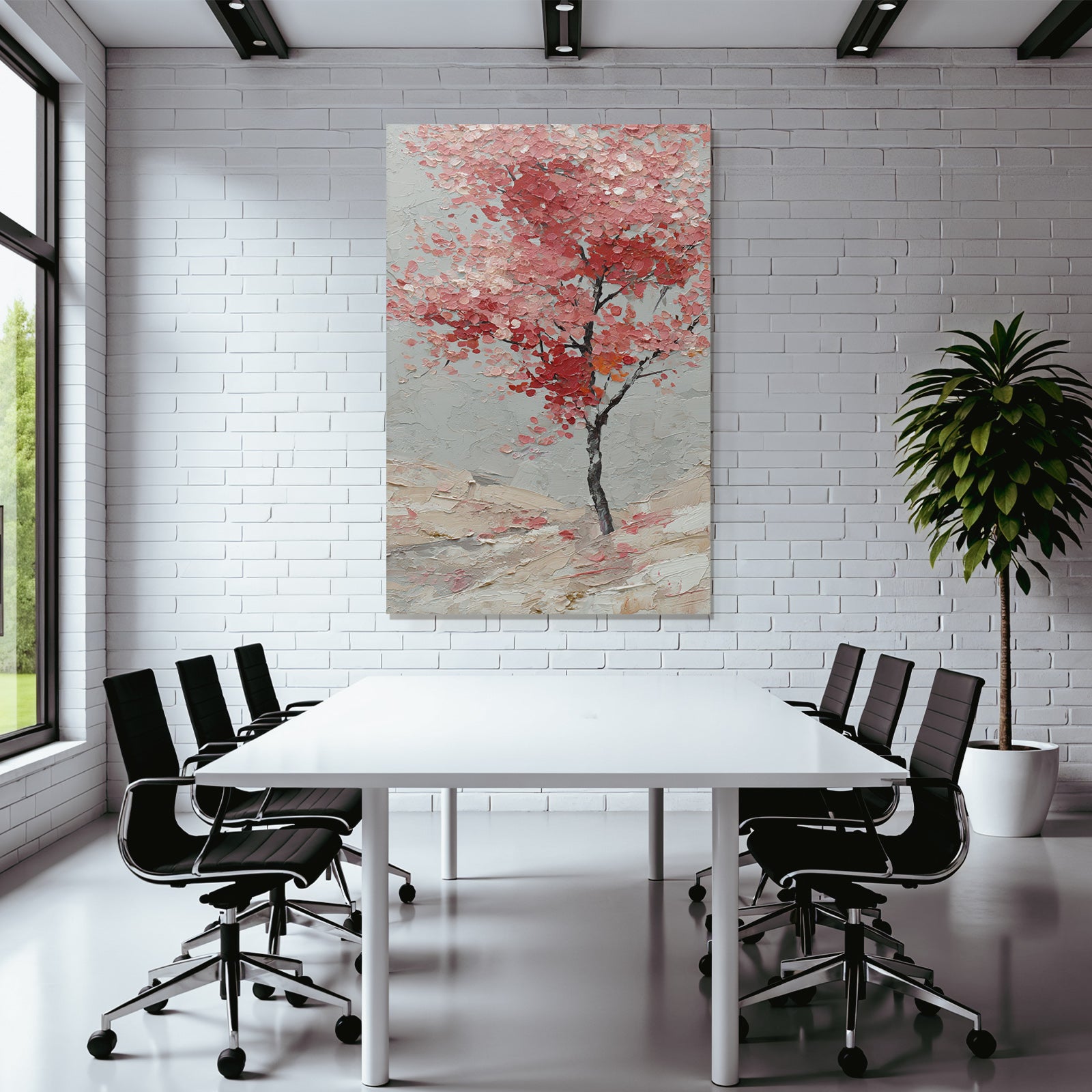 Impasto Baum Mit Pinken Und Roten Blättern Vor Graüm Hintergrund