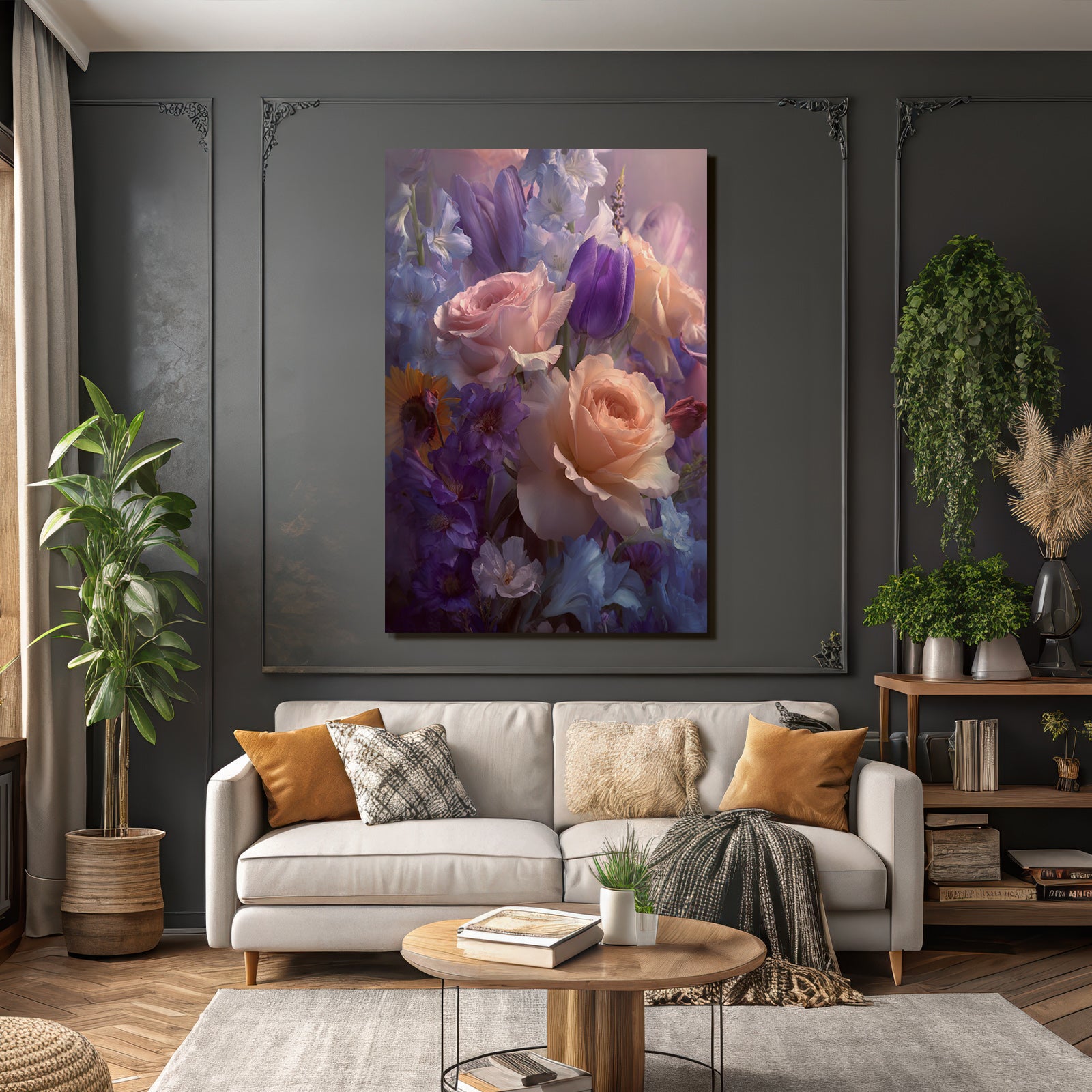 Romantische Florale Komposition Mit Pfirsichrosen Und Purpurtulpen