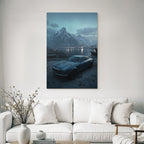 Polarlicht Vintage Auto Hafen Hintergrund Schneebedeckte Berge Sonnenuntergang | Fjorde und Gletscher | Landschaften