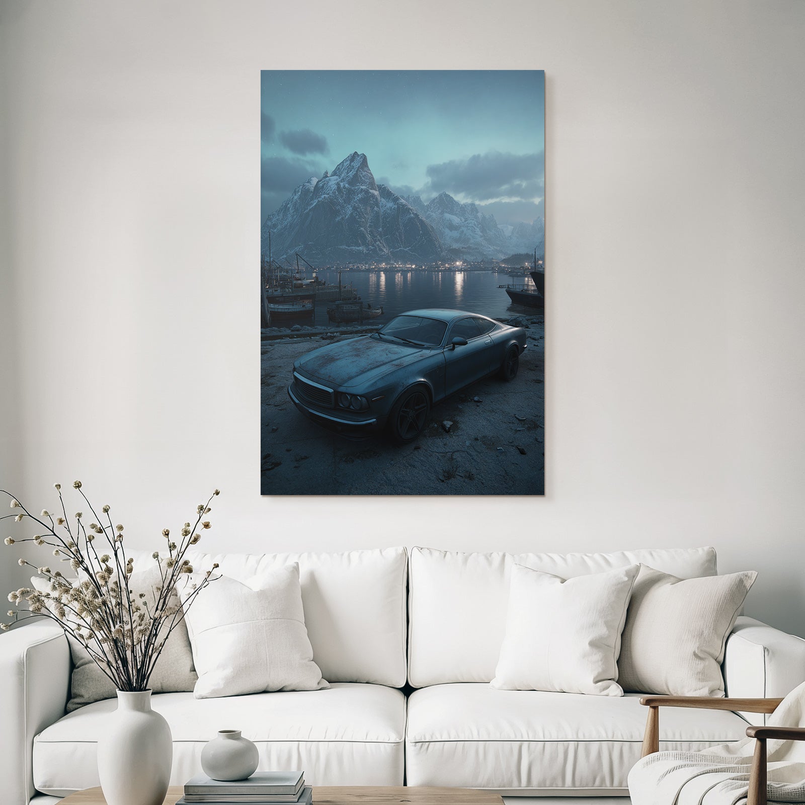 Polarlicht Vintage Auto Hafen Hintergrund Schneebedeckte Berge Sonnenuntergang | Fjorde und Gletscher | Landschaften