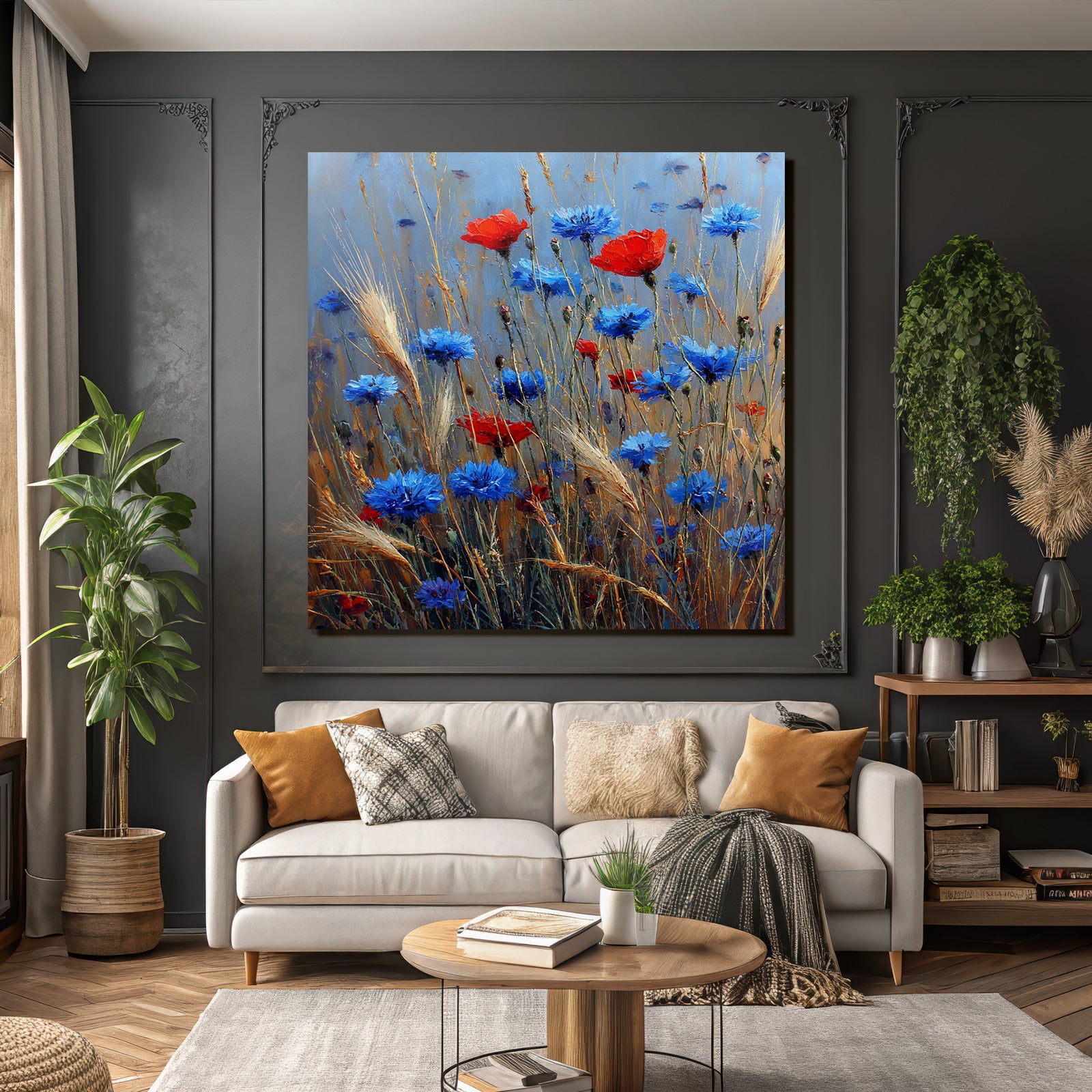 Wiese Mit Roten Mohn Und Blaün Korn