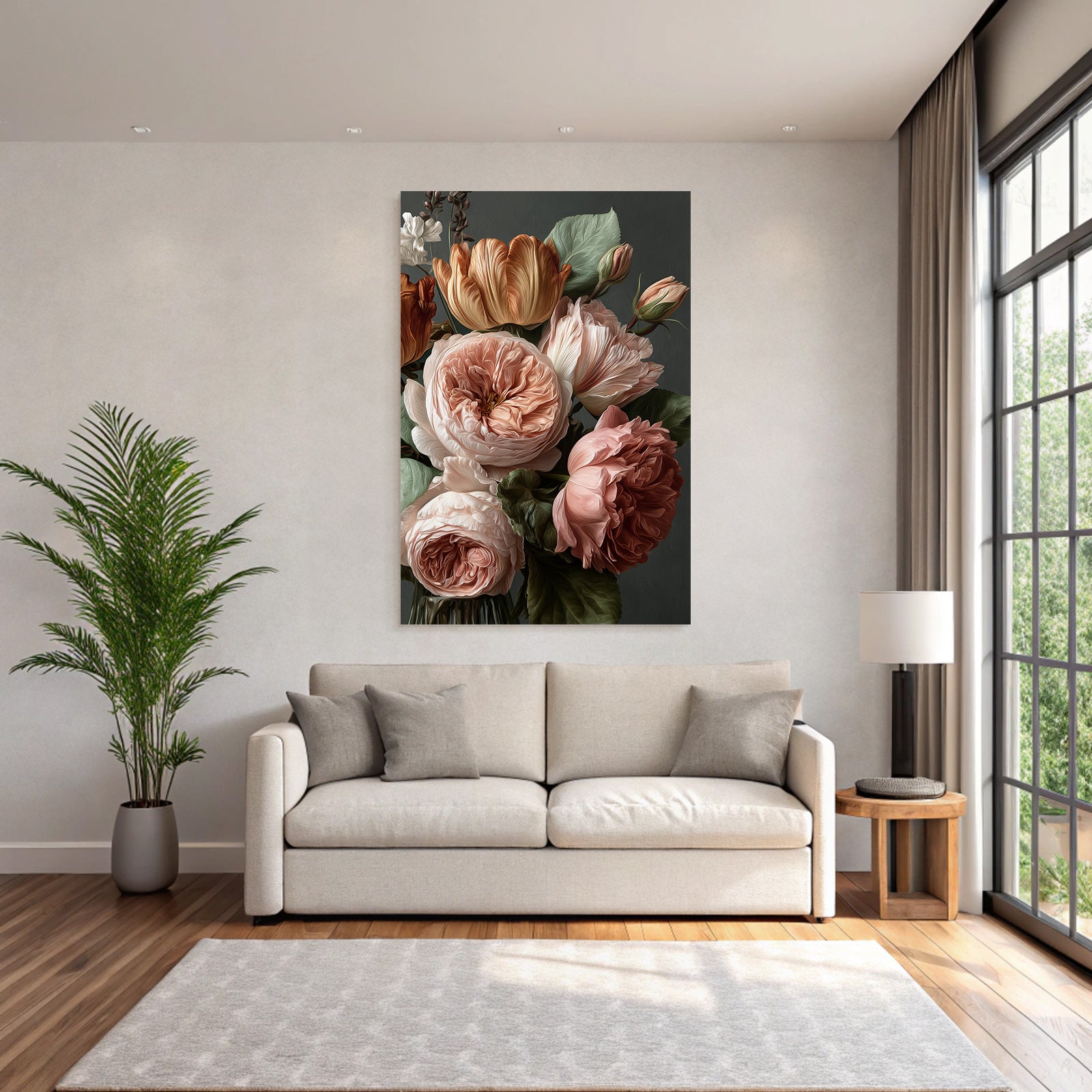 Warmes Rosen Und Tulpen Bouqüt Vor Dunklem Hintergrund