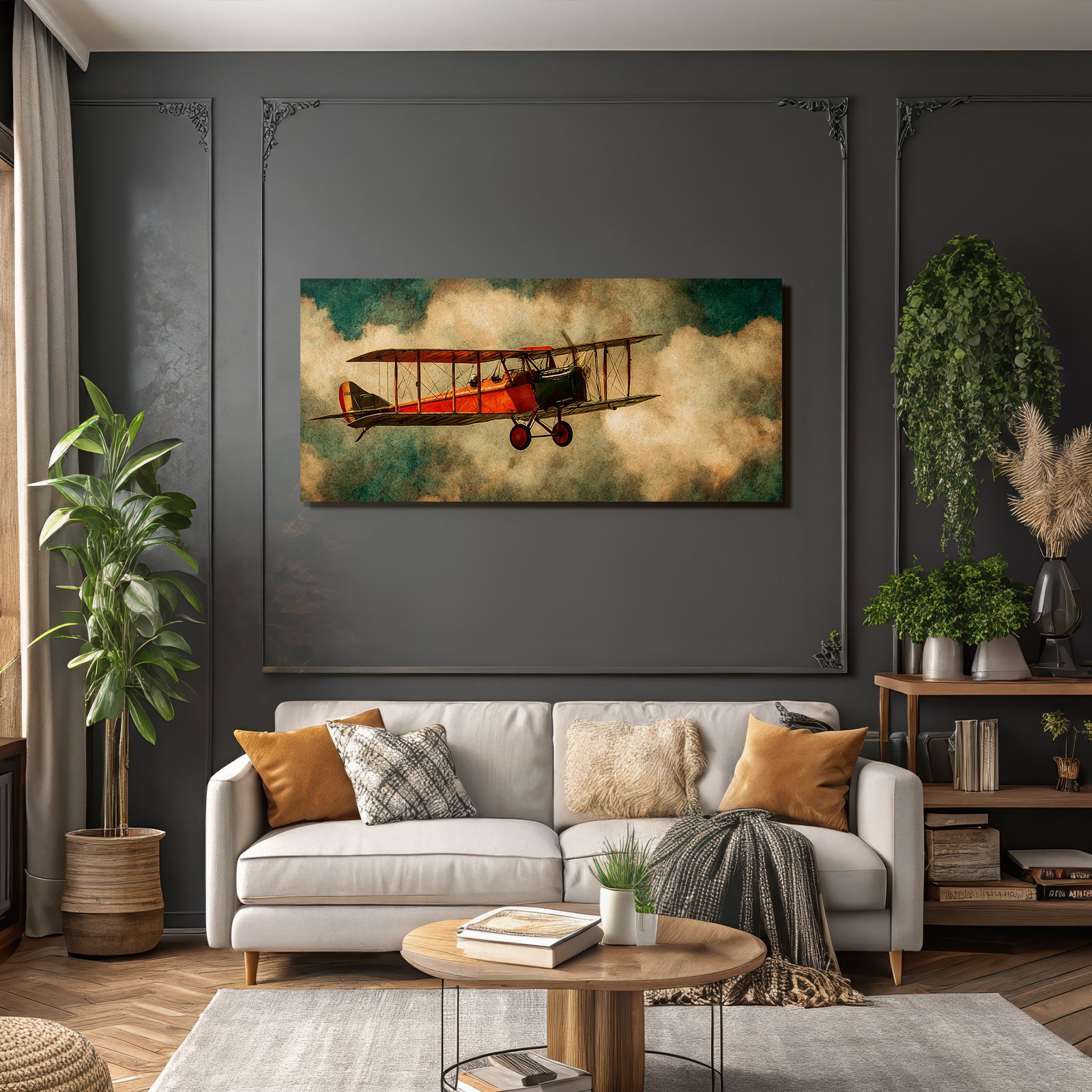 Vintage Biplane Roter Himmel Mit Nebel Kunstwerk | Flugzeuge | Mobilitaet und Technik