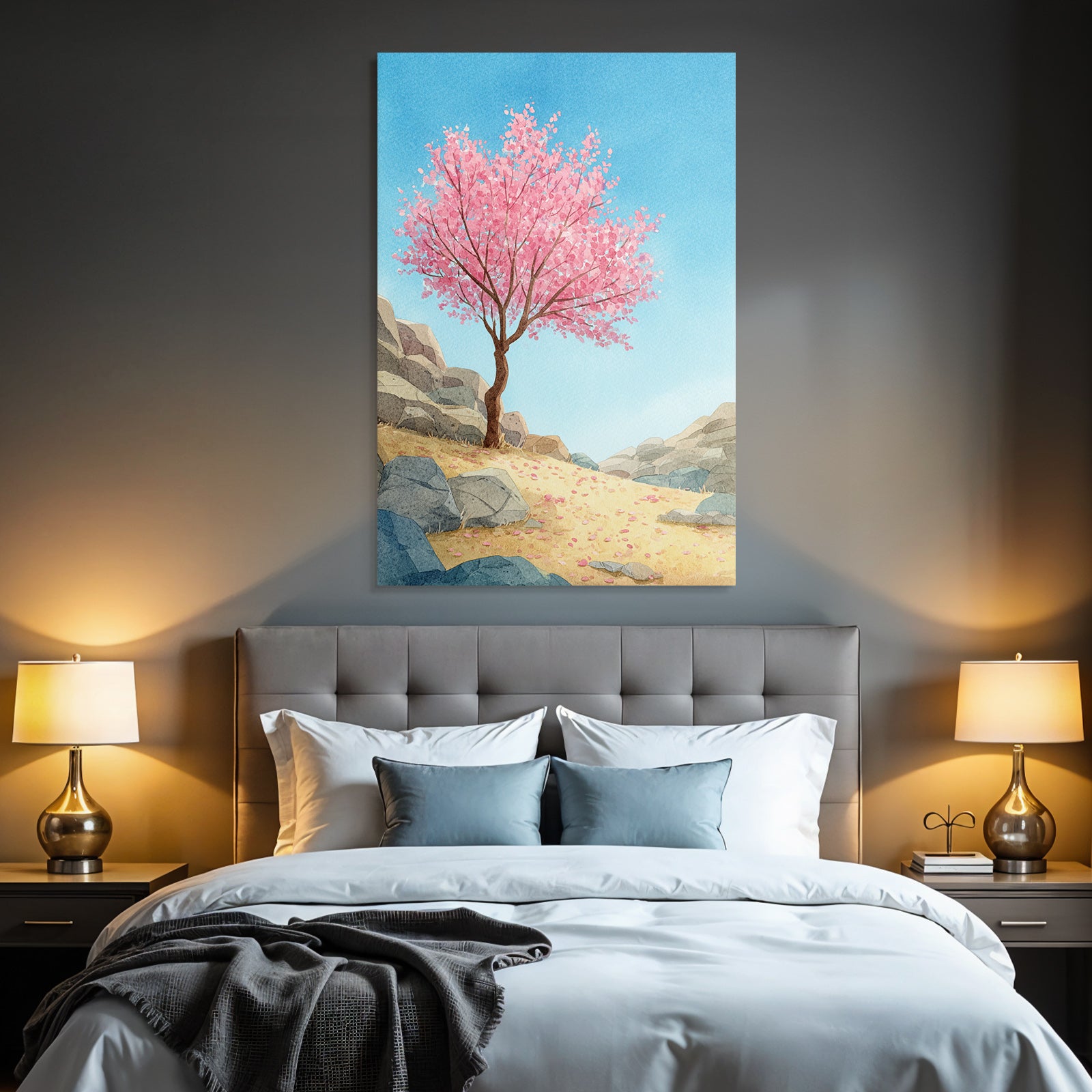 Kirschblütenbaum Landschaft Mit Felsen Und Sand Im Aquarellstil