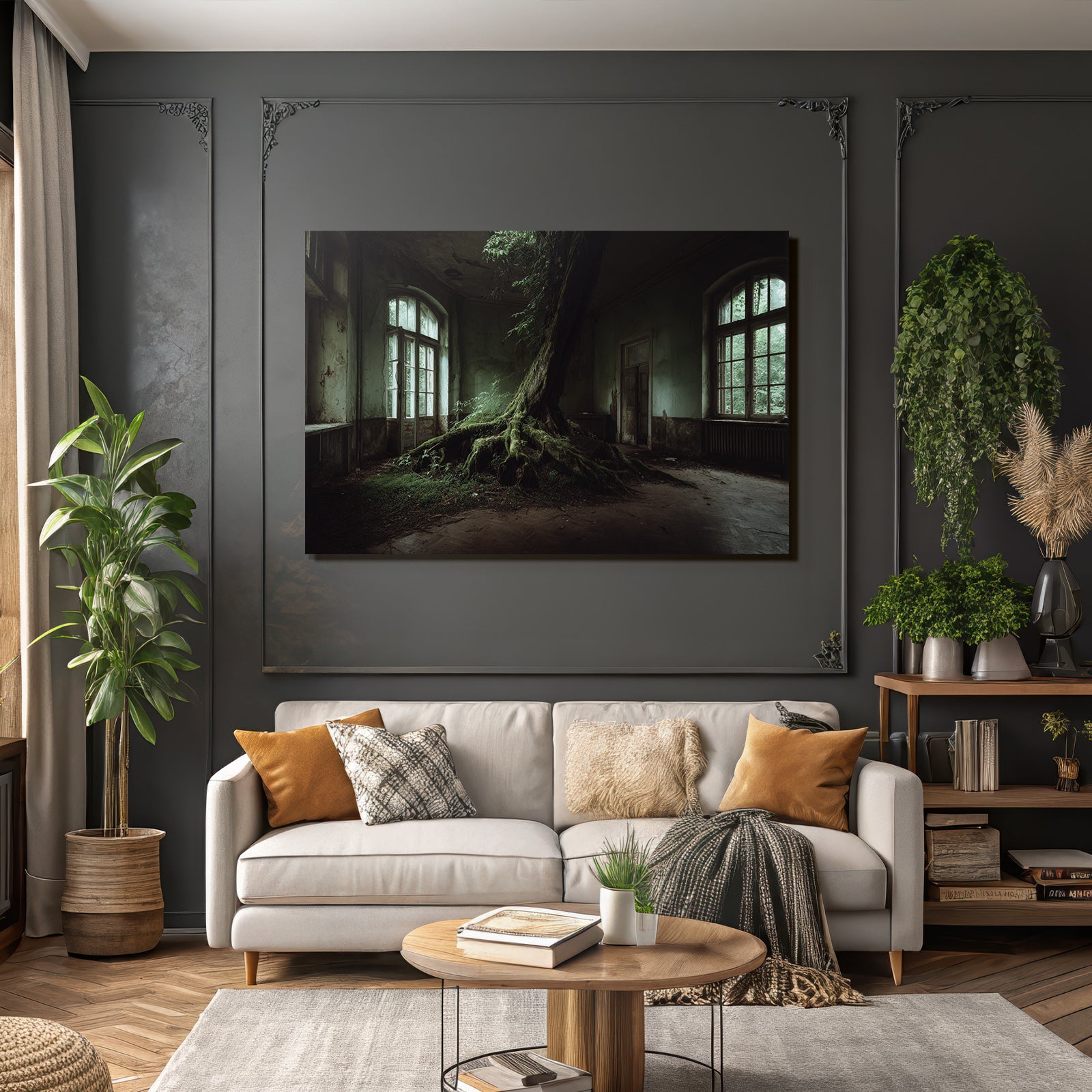 Abandoned Room With Tree Reclaiming Space Wettered Walls And Large Windows | Lost Places | Architektur