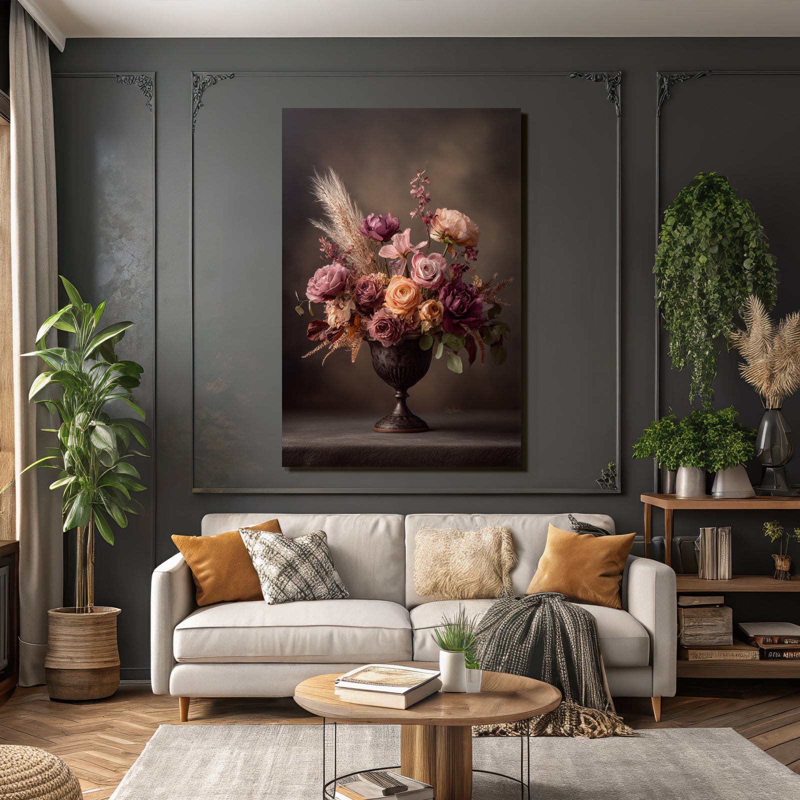 Trocken Retro Flowers Wunderschöne Gesteck Im Verzierten Vase Rosen Und Päonien Mit Trocken