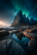 Polarlicht Dramatische Landschaft Mit Gebirgen Und Aurora | Fjorde und Gletscher | Landschaften