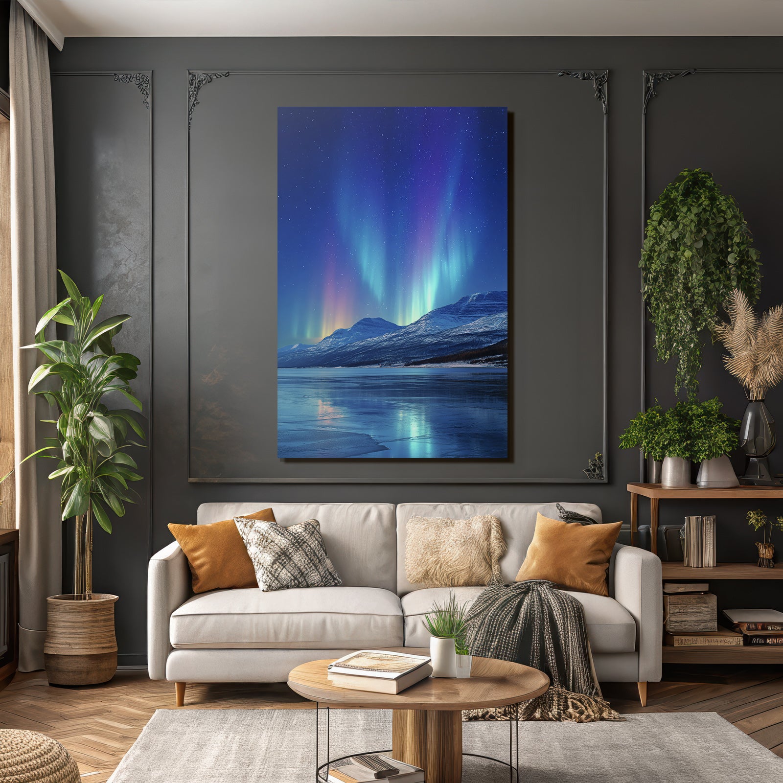 Polarlicht Aurora Borealis Nachtlandschaft Schneebedeckte Berge Reflektion Wasser | Fjorde und Gletscher | Landschaften