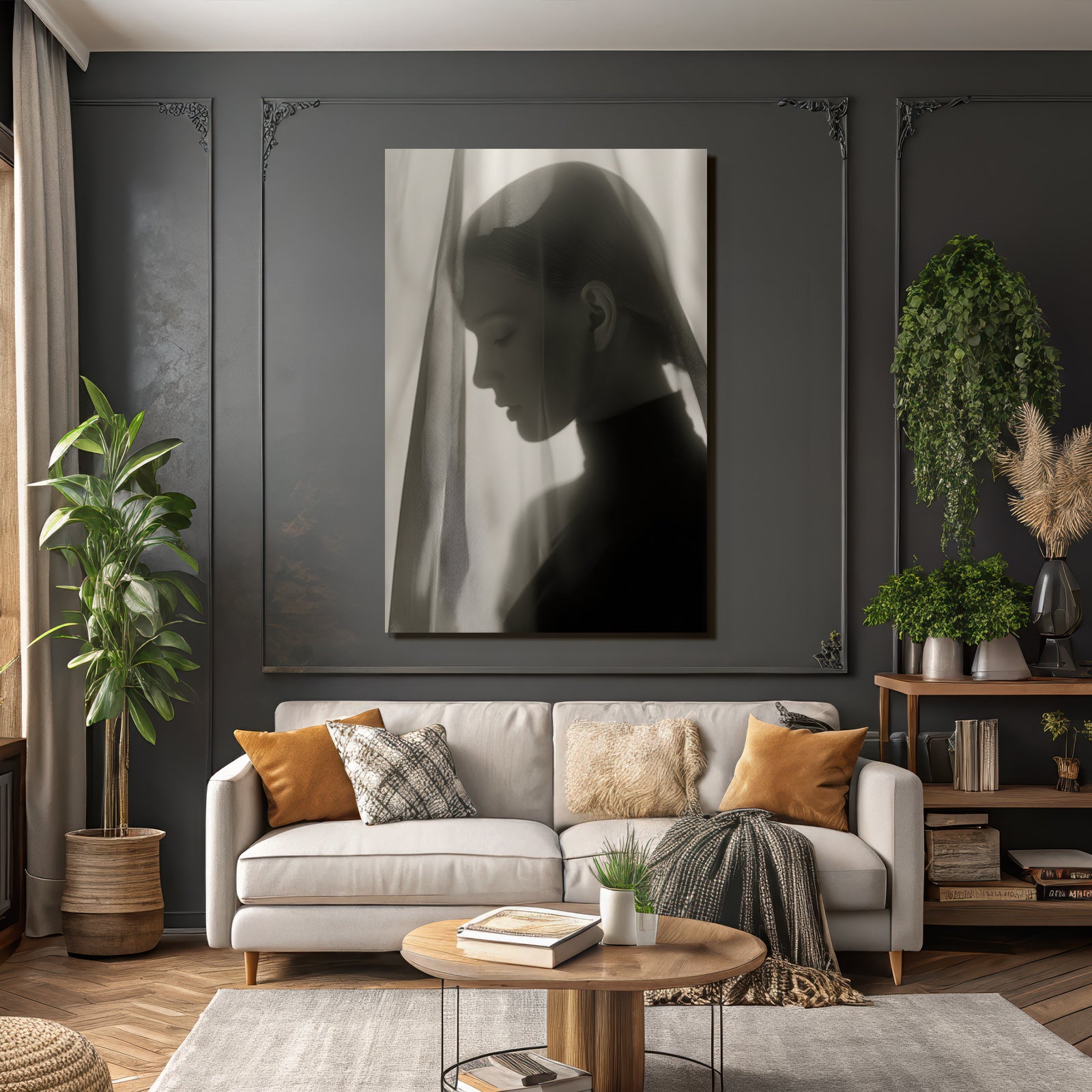 Monochrome Portrait Mit Sheer Stoff Introspektiv Lichtspiel | Aktkunst und Sinnlichkeit | Menschen und Emotionen