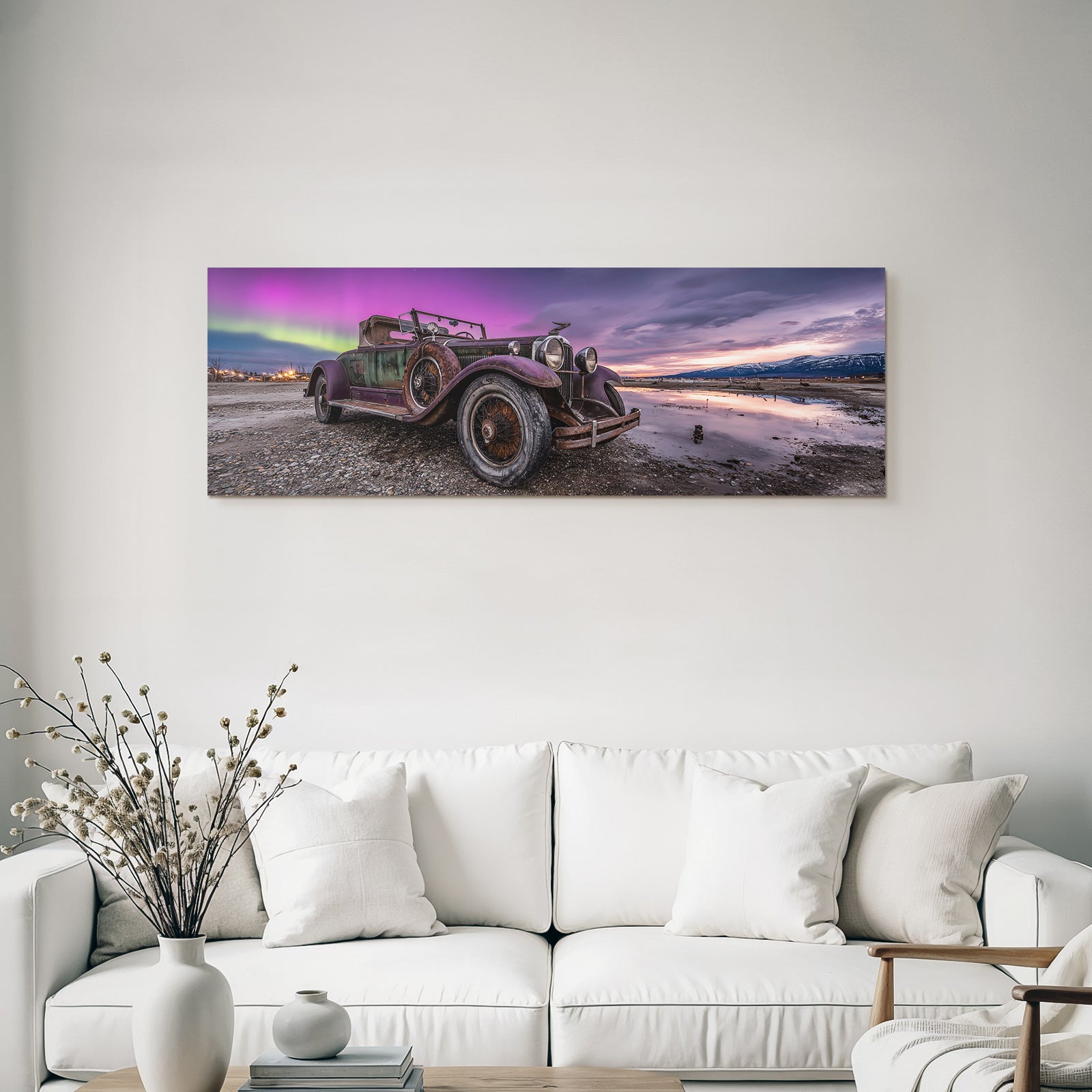 Polarlicht Alte Vintage Auto Und Aurora Borealis Im Landschaftsbild | Fjorde und Gletscher | Landschaften