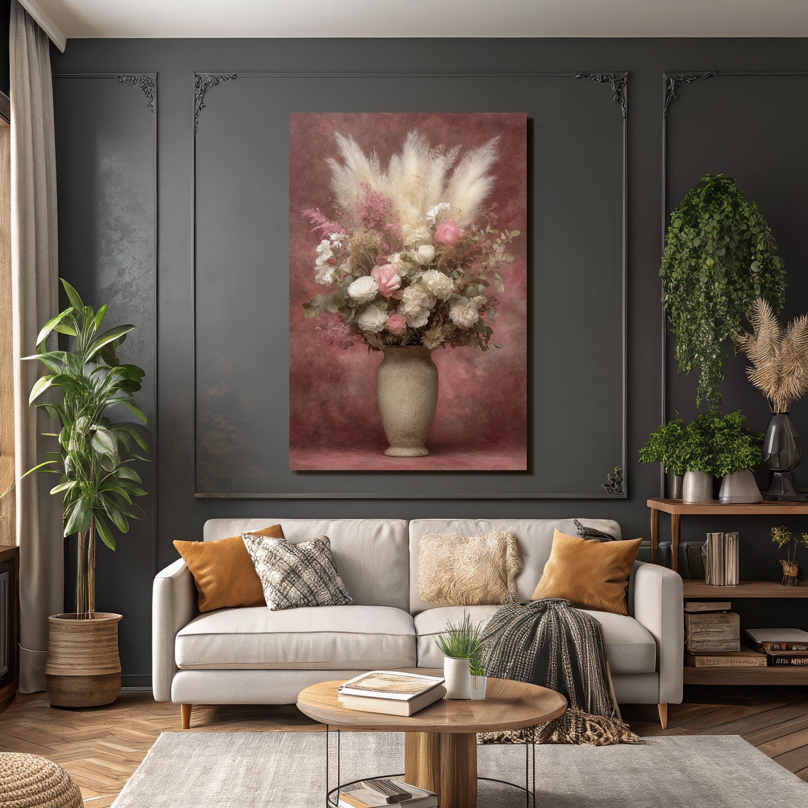 Trocken Retro Flowers Arrangement In Dekorativem Vase Mit Rosen Und Getrockneten Blüten