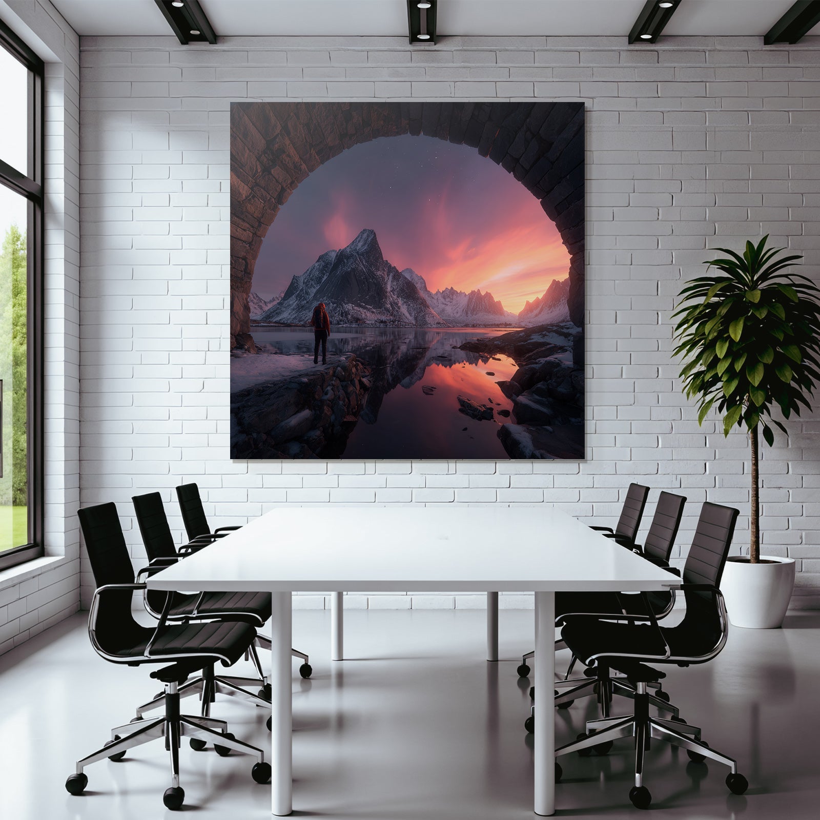 Polarlicht Breathtaking Landschaft Mit Person Und Steinbogen Am Gebirgespiegelung Bei Sonnenaufgang | Fjorde und Gletscher | Landschaften