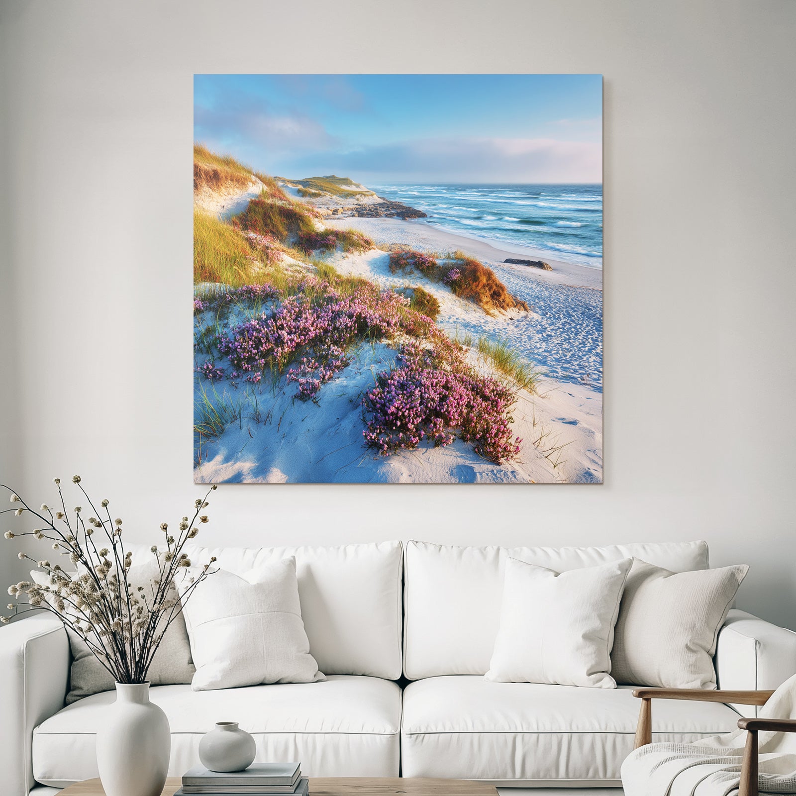 Ruhiger Strand Mit Blumen Und Meereswellen Dawn Dusk | Duenen und Heide | Landschaften