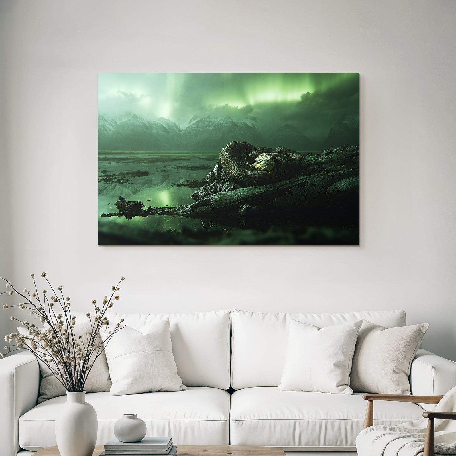 Polarlicht Grosser Schlange Um Driftwood Mit Grüner Aurora Im Hintergrund | Fjorde und Gletscher | Landschaften