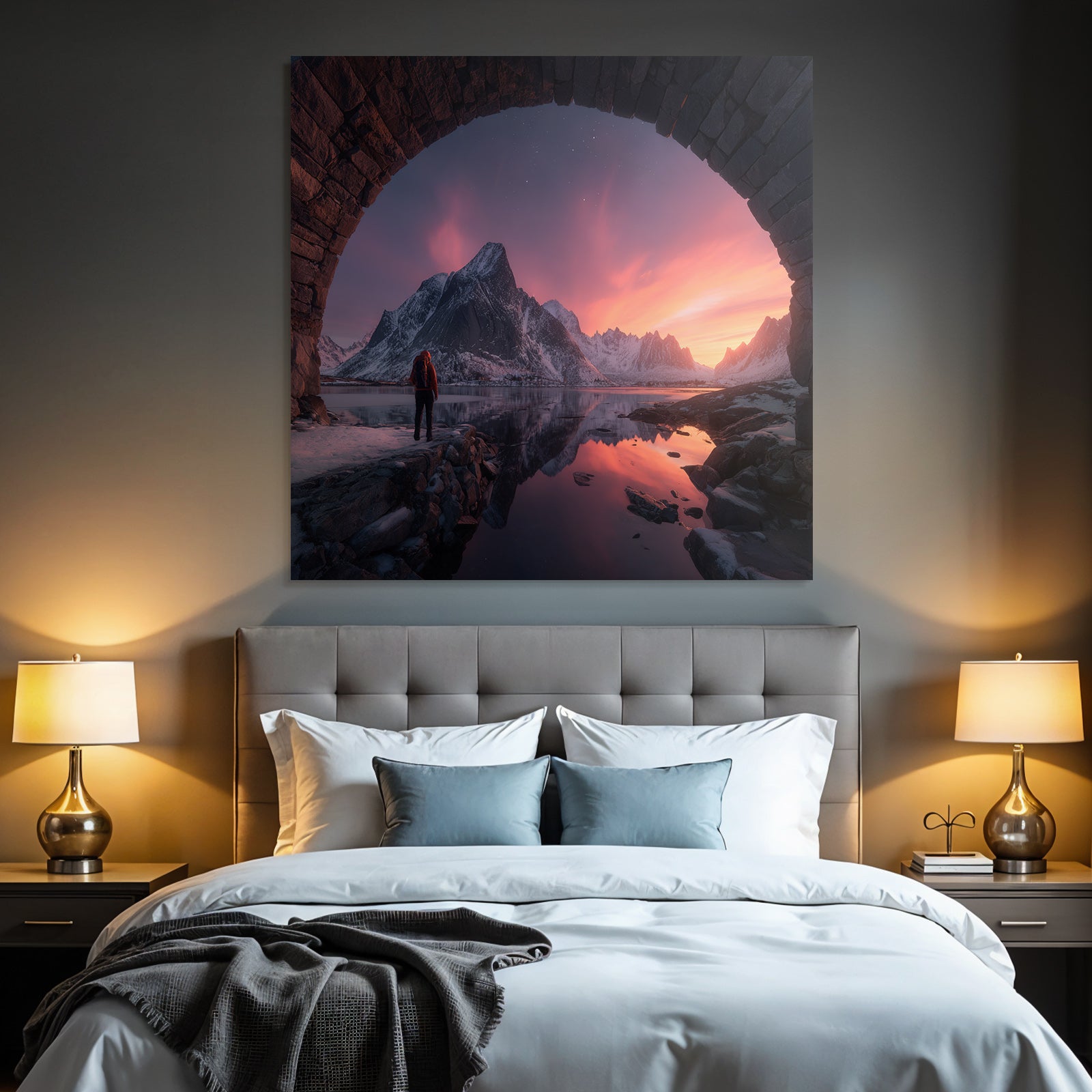 Polarlicht Breathtaking Landschaft Mit Person Und Steinbogen Am Gebirgespiegelung Bei Sonnenaufgang | Fjorde und Gletscher | Landschaften