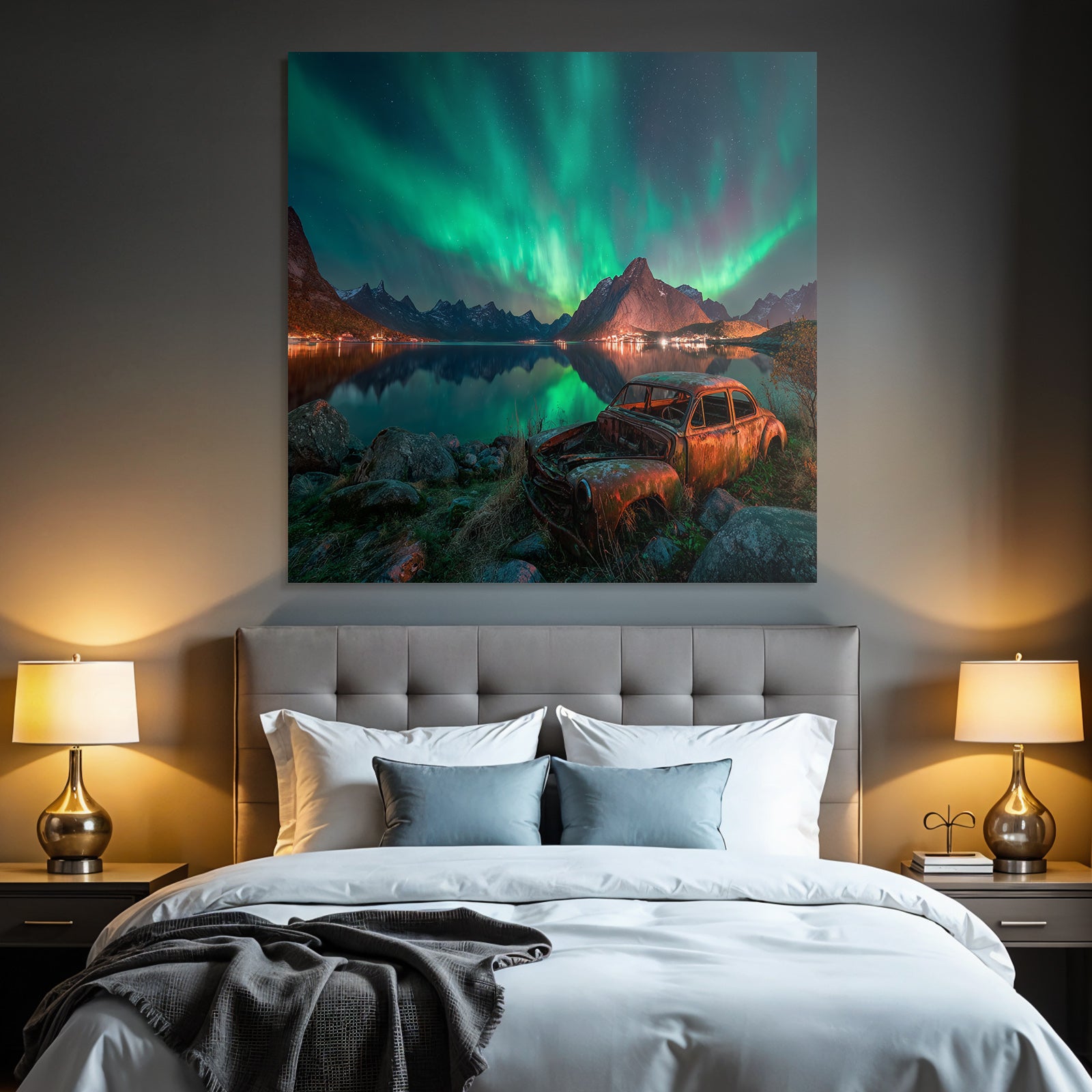 Polarlicht Nordlichter Und Rustiges Auto Am See Mit Bergen Im Hintergrund | Fjorde und Gletscher | Landschaften