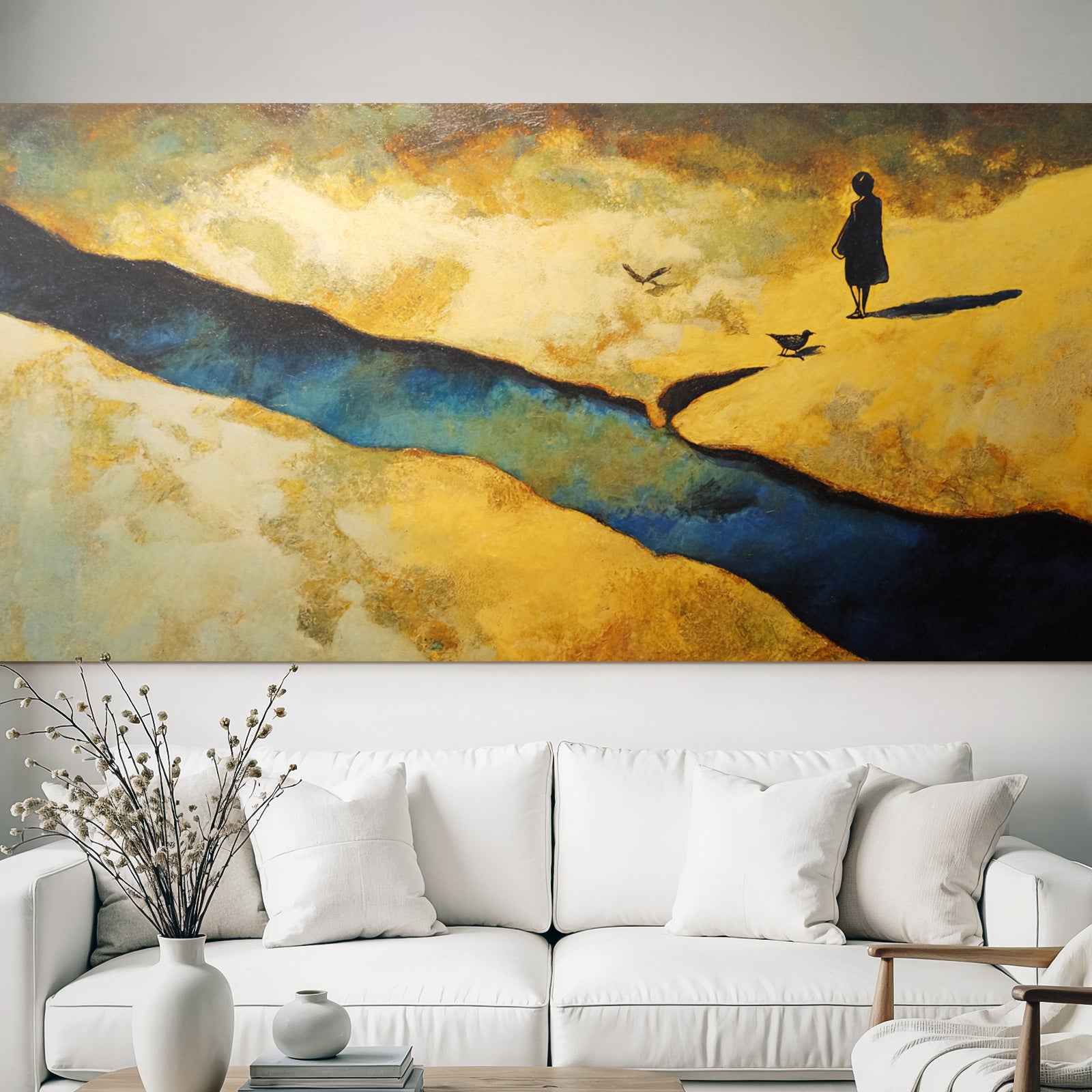 Yoga Meditation Figur Am Fluss Mit Vögeln Und Abstracten Landschaften | Yoga und Meditation | Themen und Hobbys