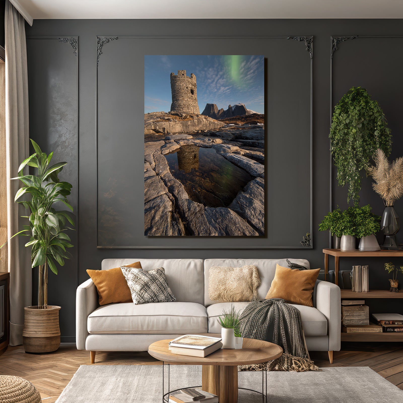 Polarlicht Stein Turm In Rugged Landscape Mit Aurora Borealis Reflektierender Pool | Fjorde und Gletscher | Landschaften