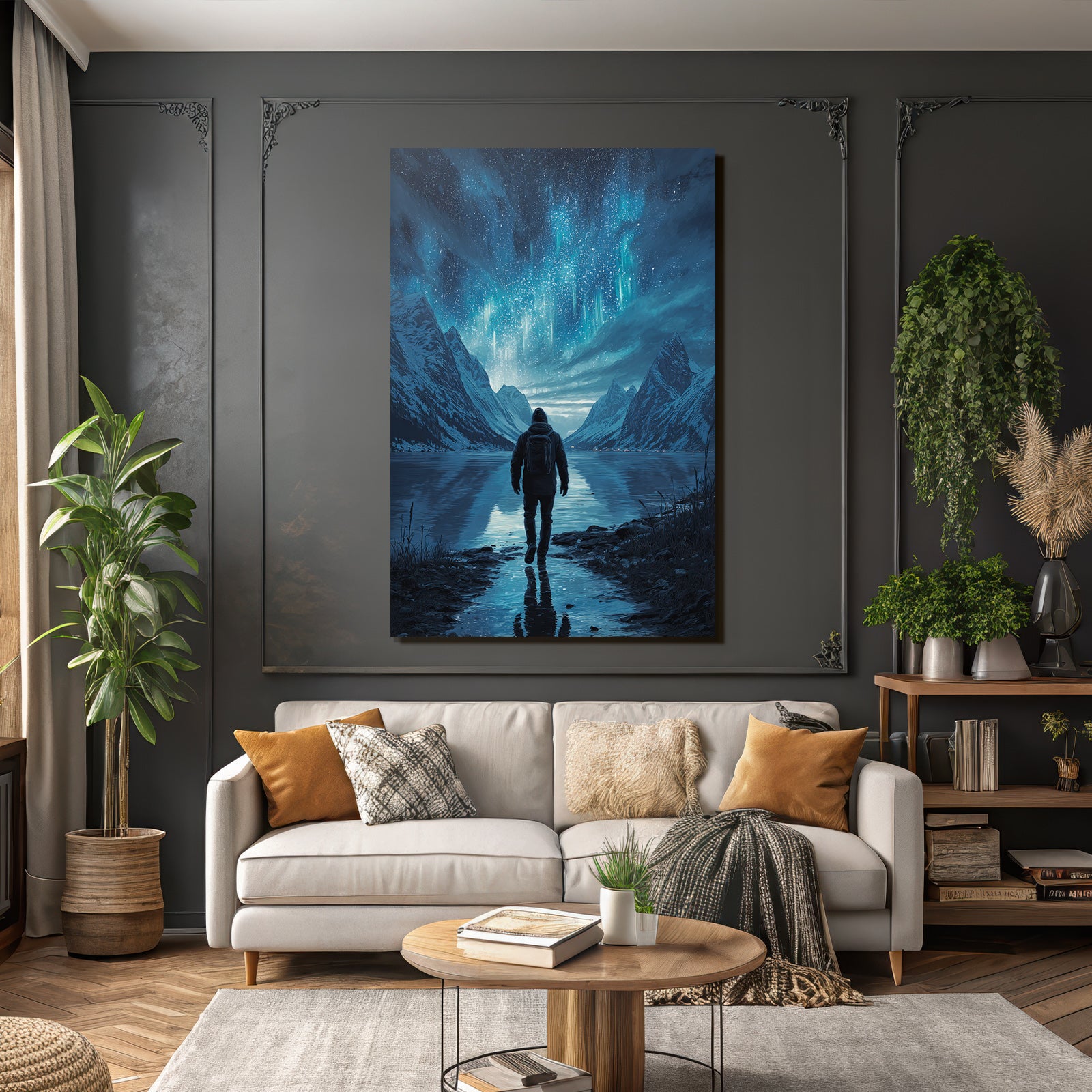 Polarlicht Friedliche Landschaft Unter Aurora Borealis Mit Alleinstehender Figur Am See | Fjorde und Gletscher | Landschaften