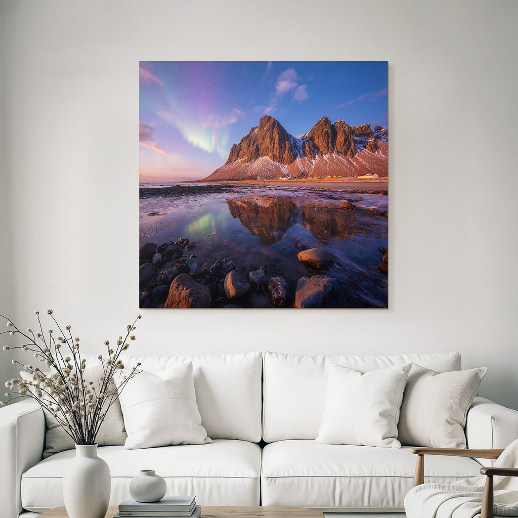 Polarlicht Berglandschaft Aurora Borealis Reflexion Wasser Natur | Fjorde und Gletscher | Landschaften