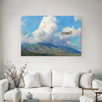 Vintage Biplan Flug Lebendige Himmel Mit Wolken Und Berge | Flugzeuge | Mobilitaet und Technik