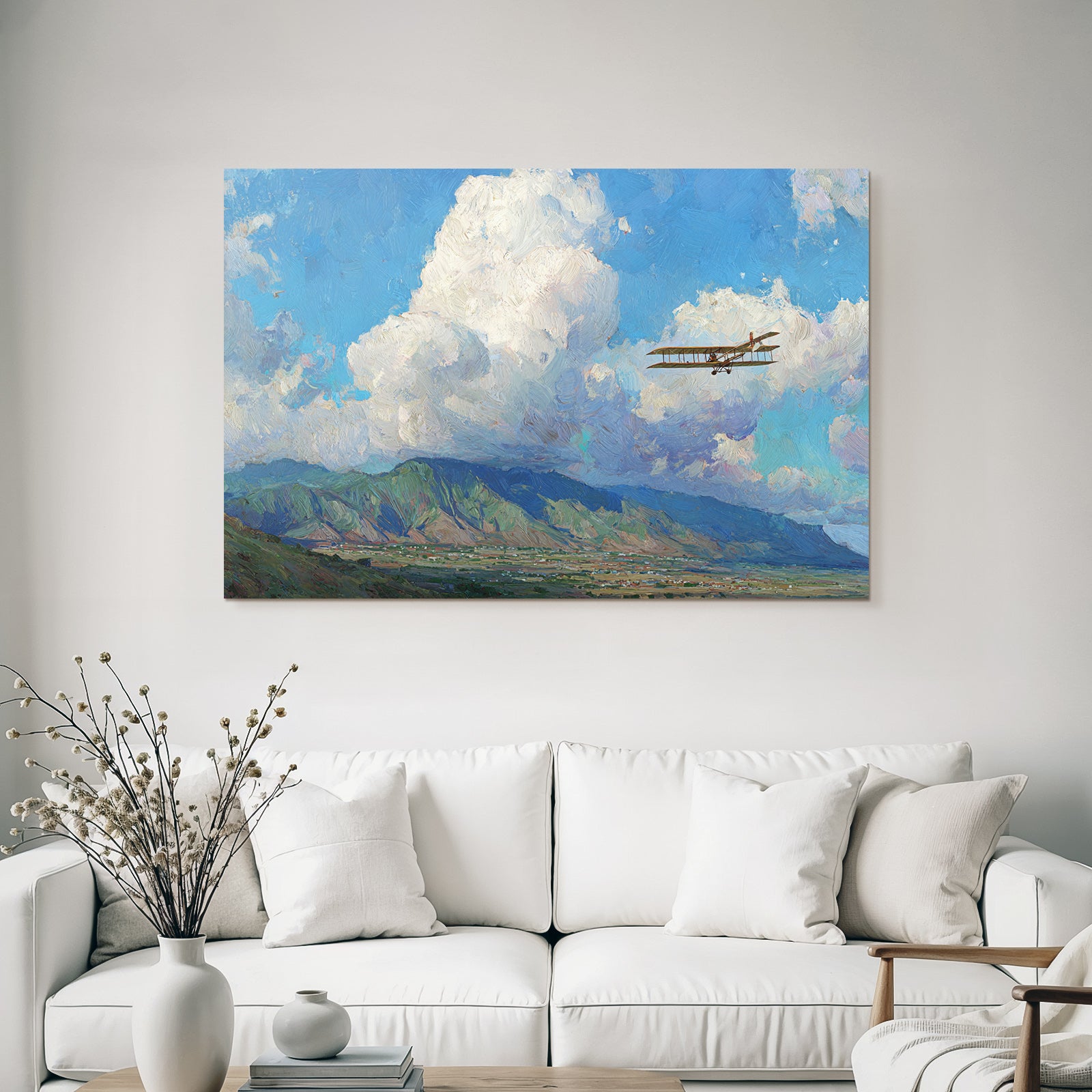 Vintage Biplan Flug Lebendige Himmel Mit Wolken Und Berge | Flugzeuge | Mobilitaet und Technik