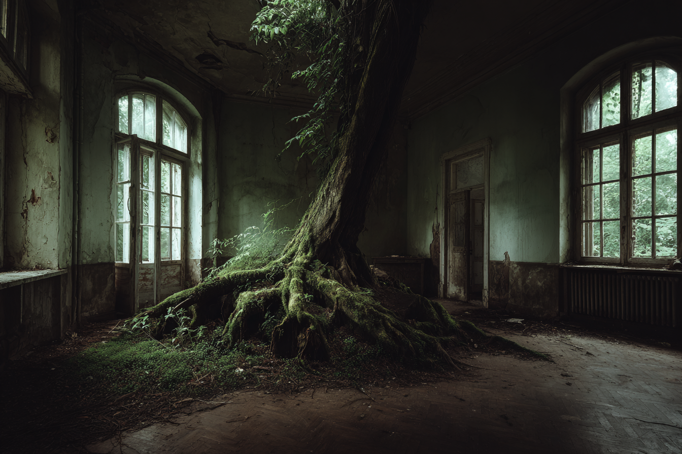 Abandoned Room With Tree Reclaiming Space Wettered Walls And Large Windows | Lost Places | Architektur