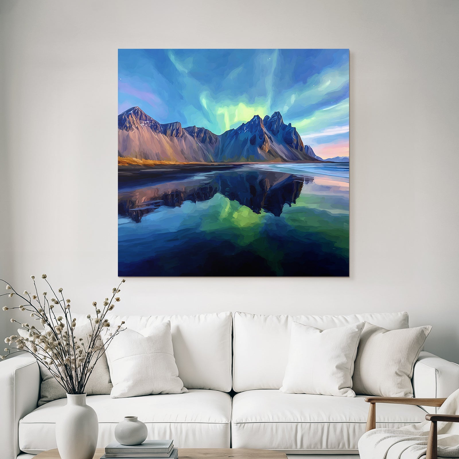 Polarlicht Szenische Landlandschaft Mit Bergen Und Nordlichtern Reflexion Im Wasser | Fjorde und Gletscher | Landschaften