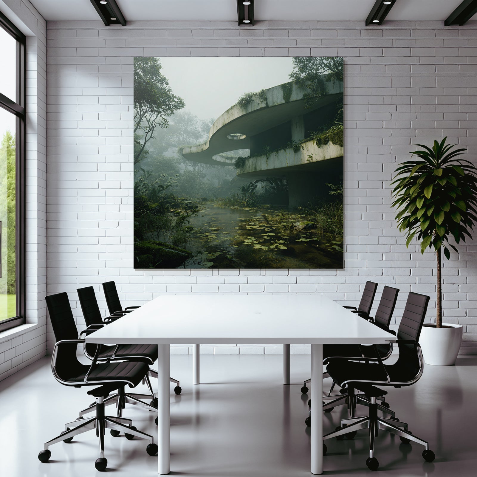 Abstrakte Architektonische Struktur Umschlossen Von Vegetation Und Nebel | Lost Places | Architektur