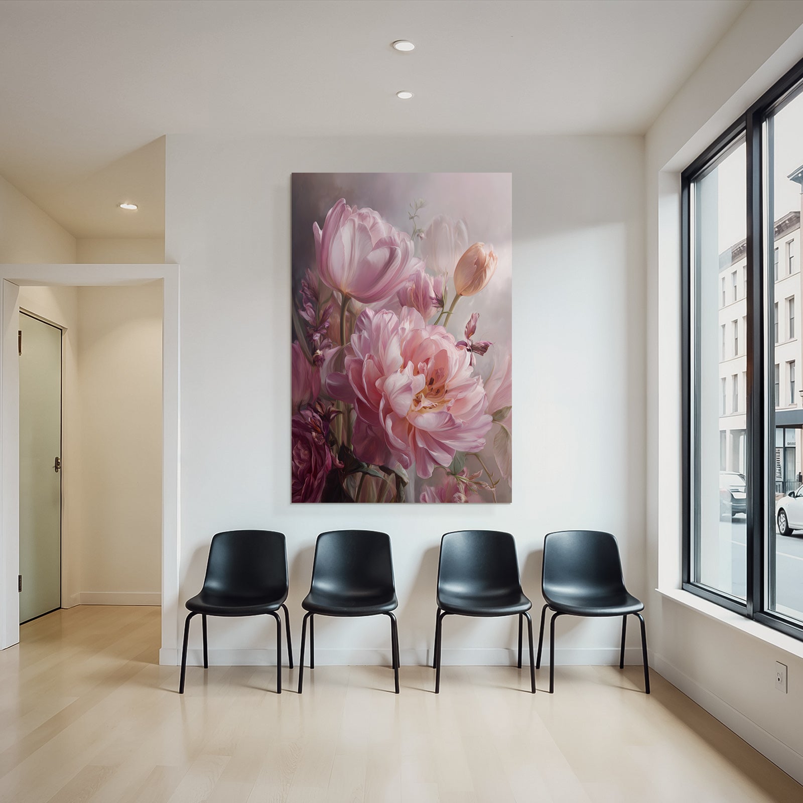 Schöne Anordnung Rosa Und Lila Tulpen Und Pfingstrosen