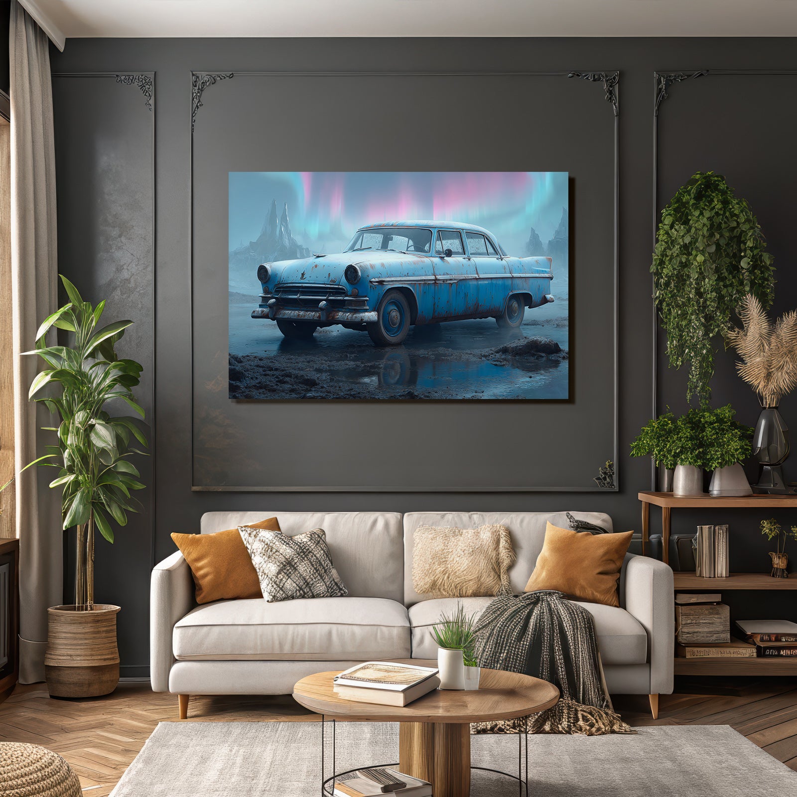 Polarlicht Alter Rustiger Blaür Auto In Surrealer Landschaft Mit Aurora | Fjorde und Gletscher | Landschaften