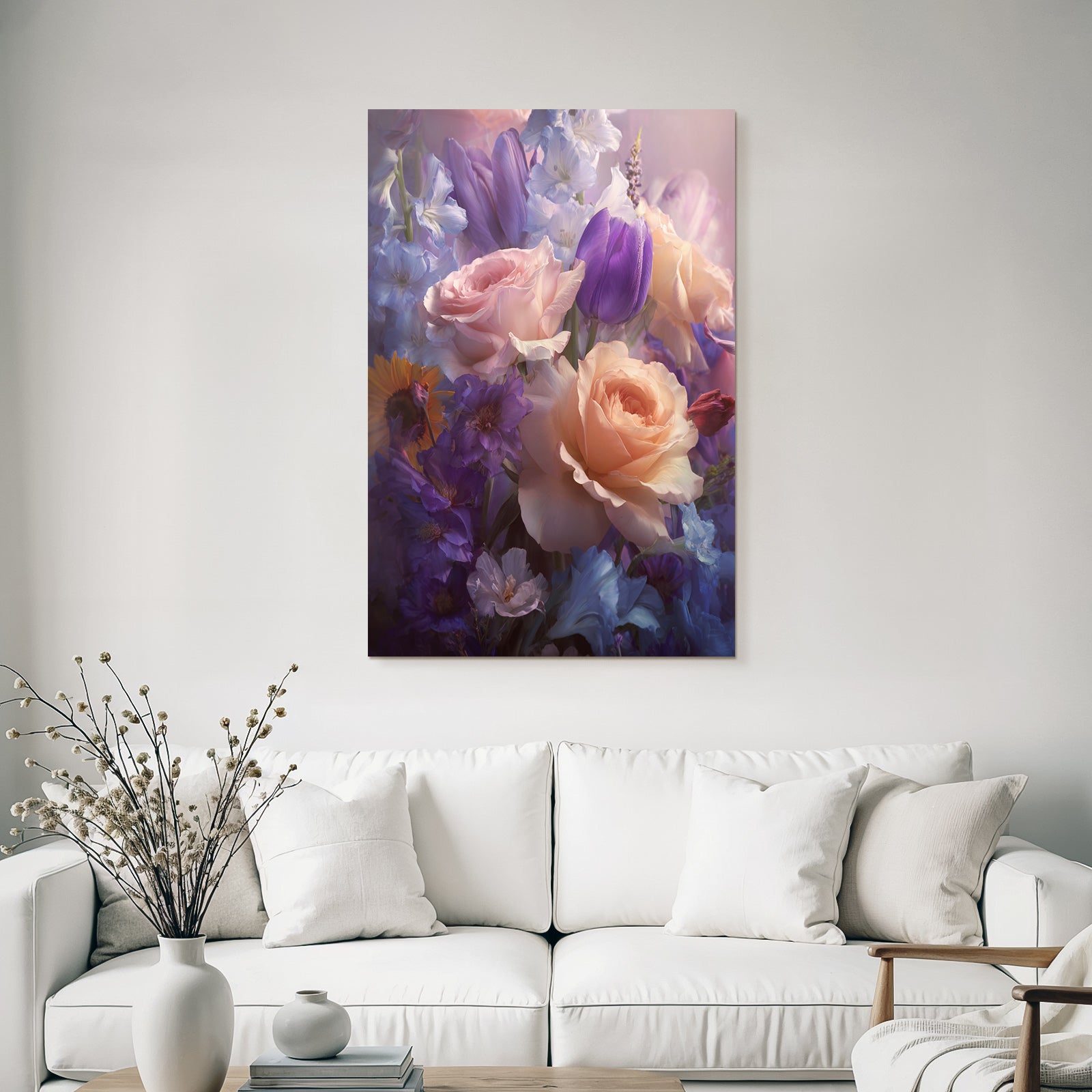 Romantische Florale Komposition Mit Pfirsichrosen Und Purpurtulpen