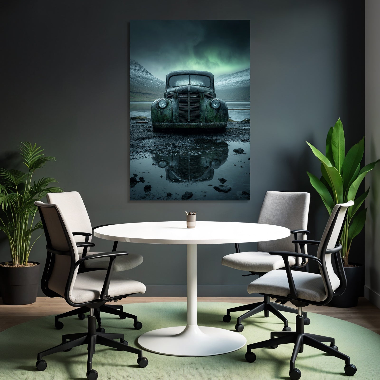 Polarlicht Alte Verlassene Autos In Verlassenem Landscape Mit Bergen Und Reflektierendem Pfütze | Fjorde und Gletscher | Landschaften