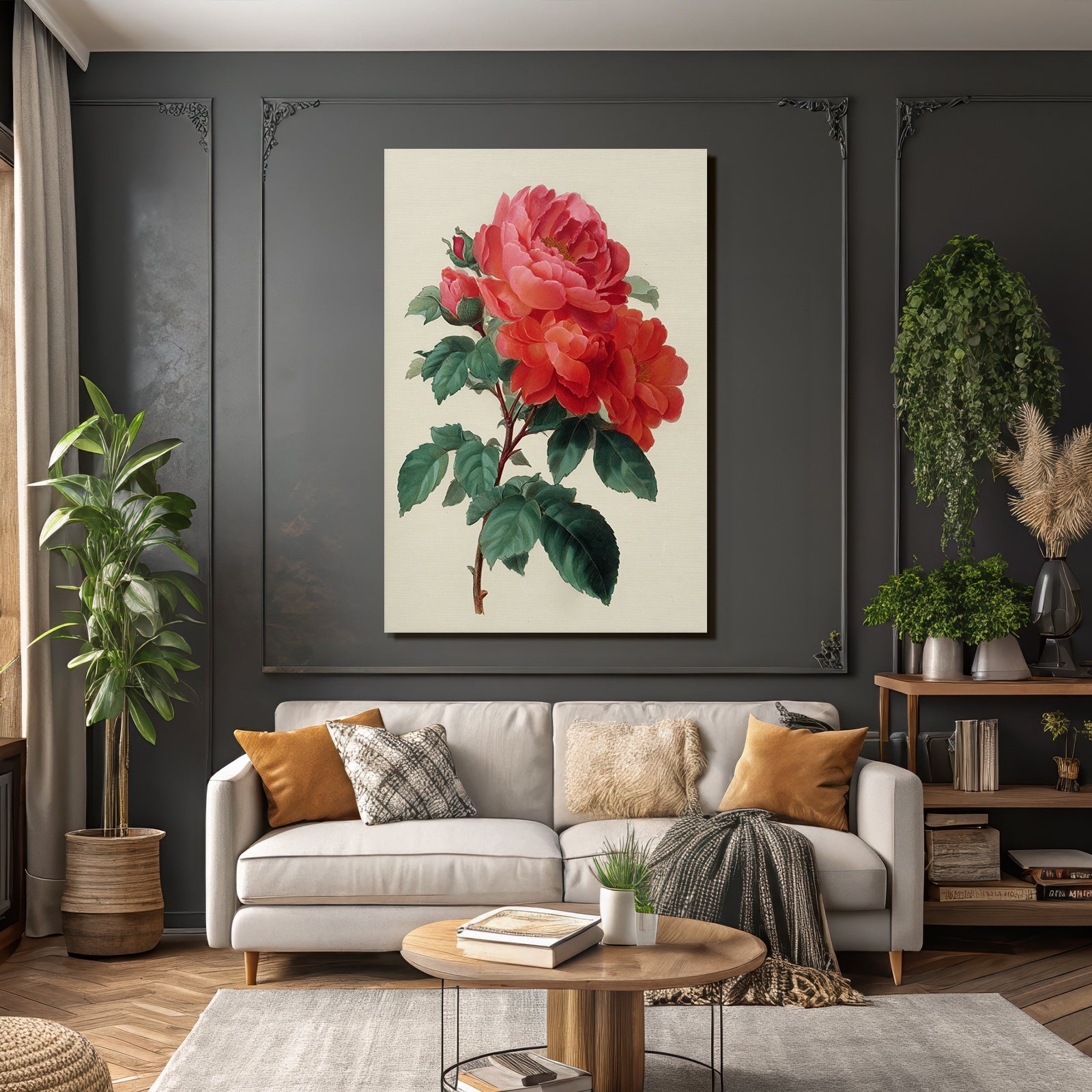 Botanische Illustration Roter Rosen Im Vollblute Mit Blütenknospen Und Grünen Blättern
