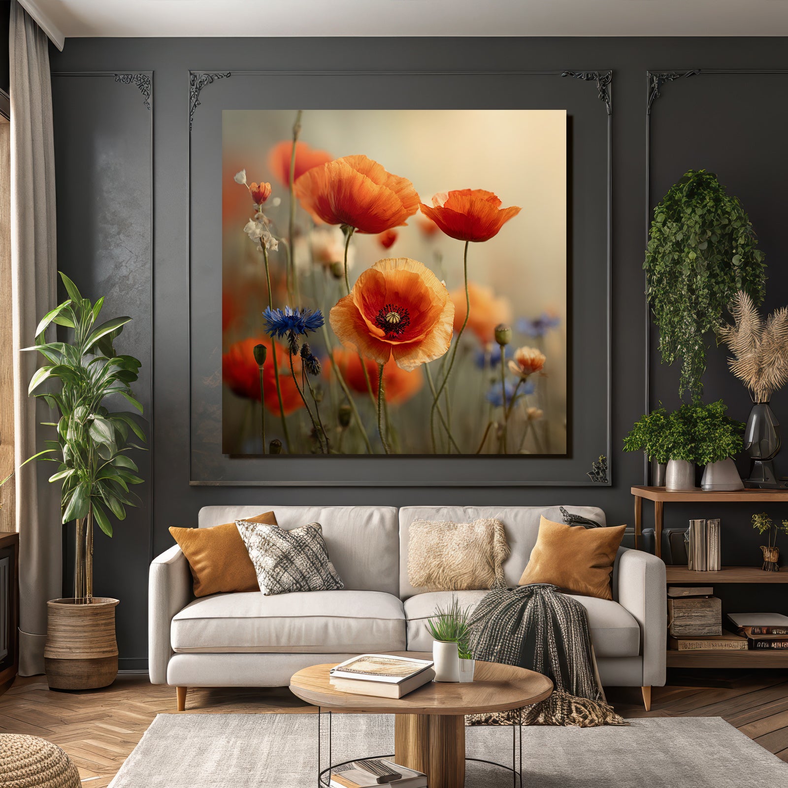 Lebhafte Wiese Mit Orangen Mohn Und Blaün Korn