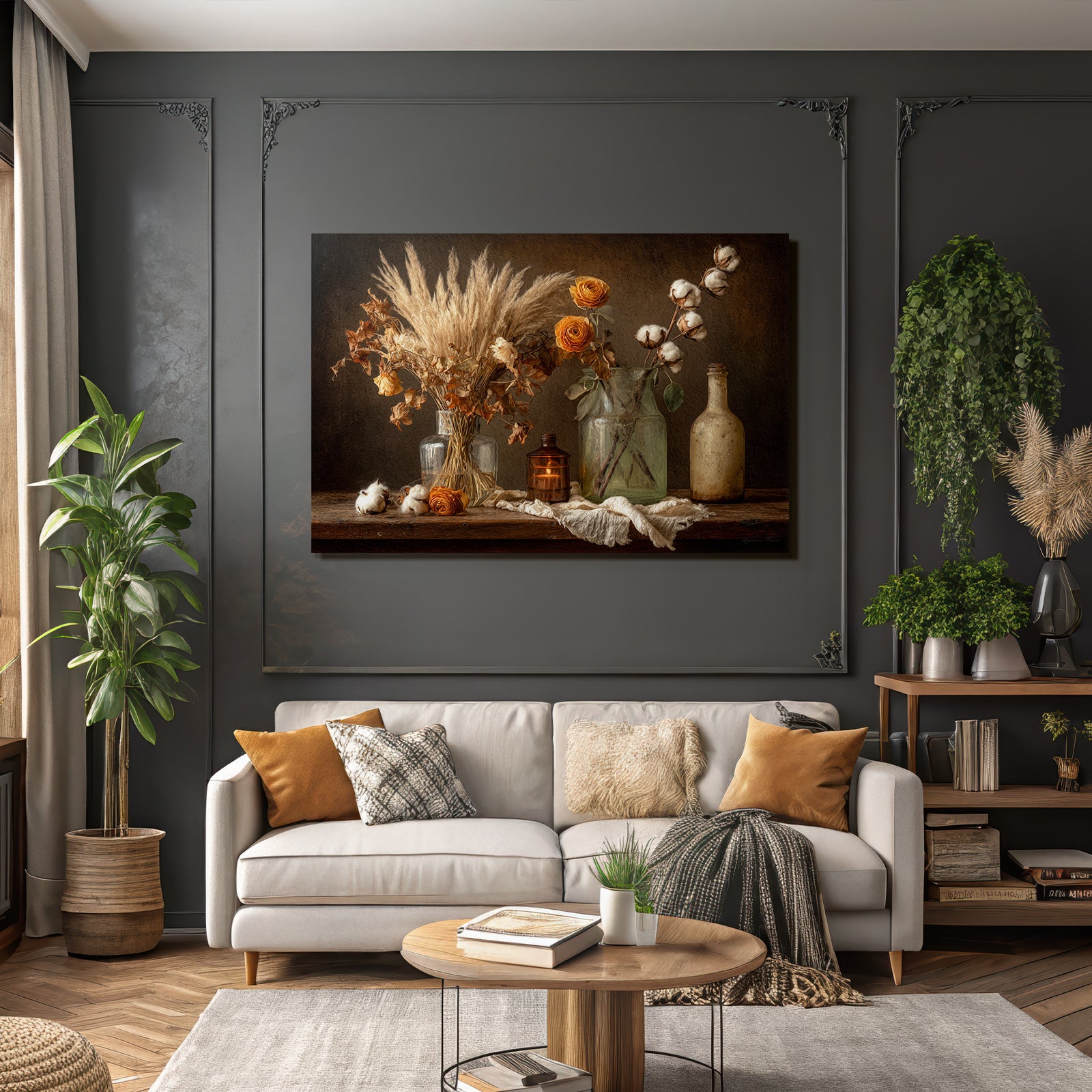 Trocken Retro Flowers Dried Flower Still Life Mit Pampasgras Rosen Und Baumwolle Glaskrüge Deko