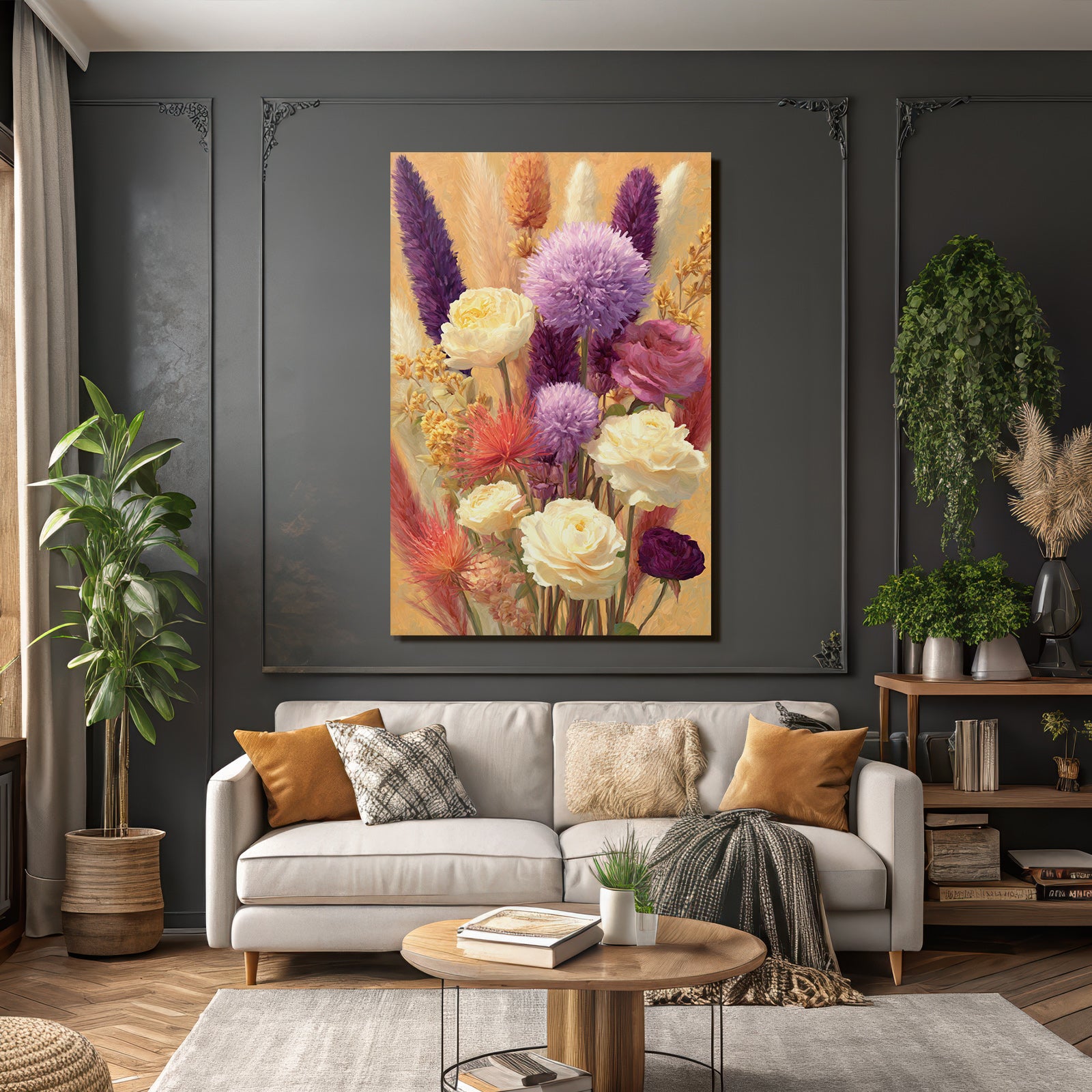Trocken Retro Flowers Blumige Anordnung Vibrant Purple Gelb Orange Rosa Künstlerisch