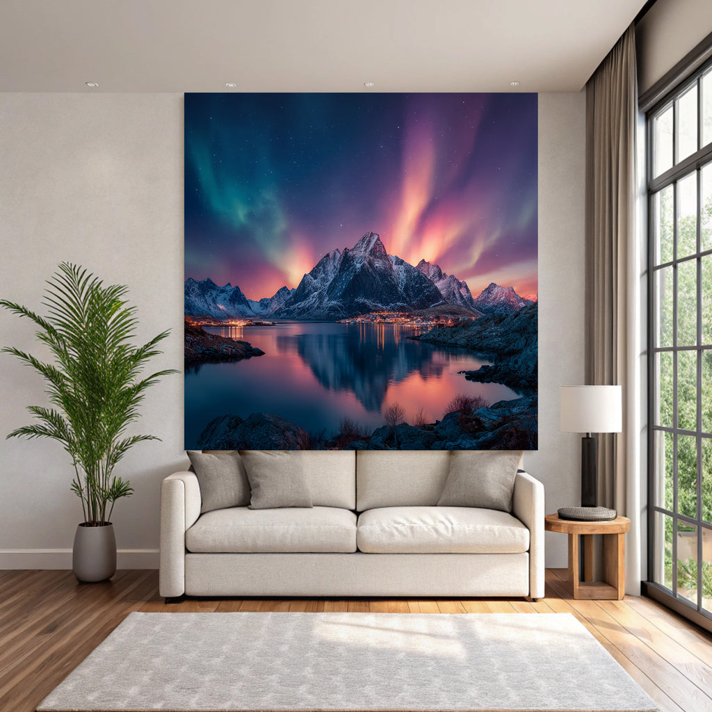 Polarlicht Schneebedeckte Bergen Mit Sternenhimmel Und Auroren Reflektiert Im Wasser | Fjorde und Gletscher | Landschaften