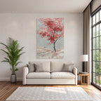 Impasto Baum Mit Pinken Und Roten Blättern Vor Graüm Hintergrund