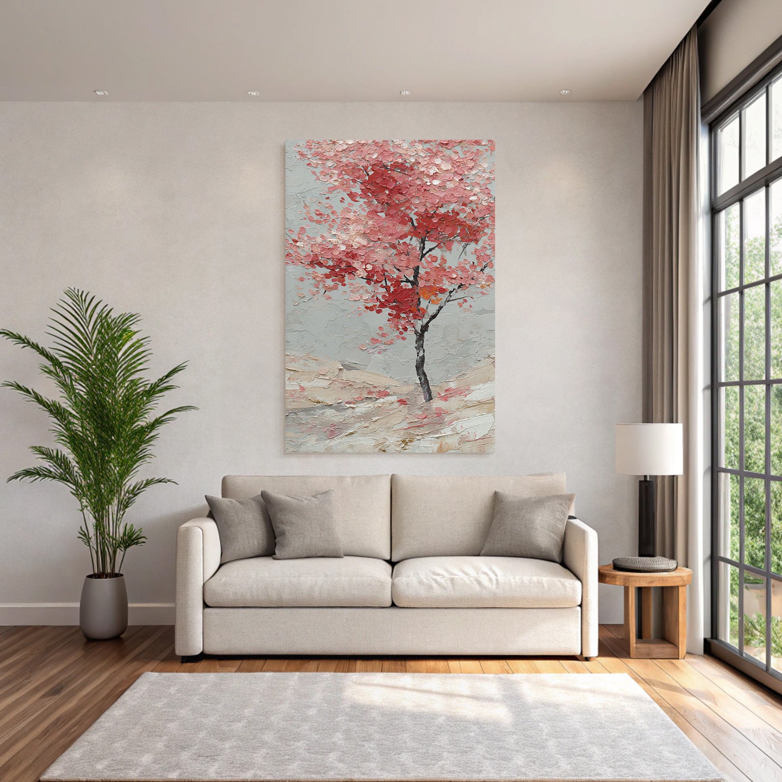 Impasto Baum Mit Pinken Und Roten Blättern Vor Graüm Hintergrund