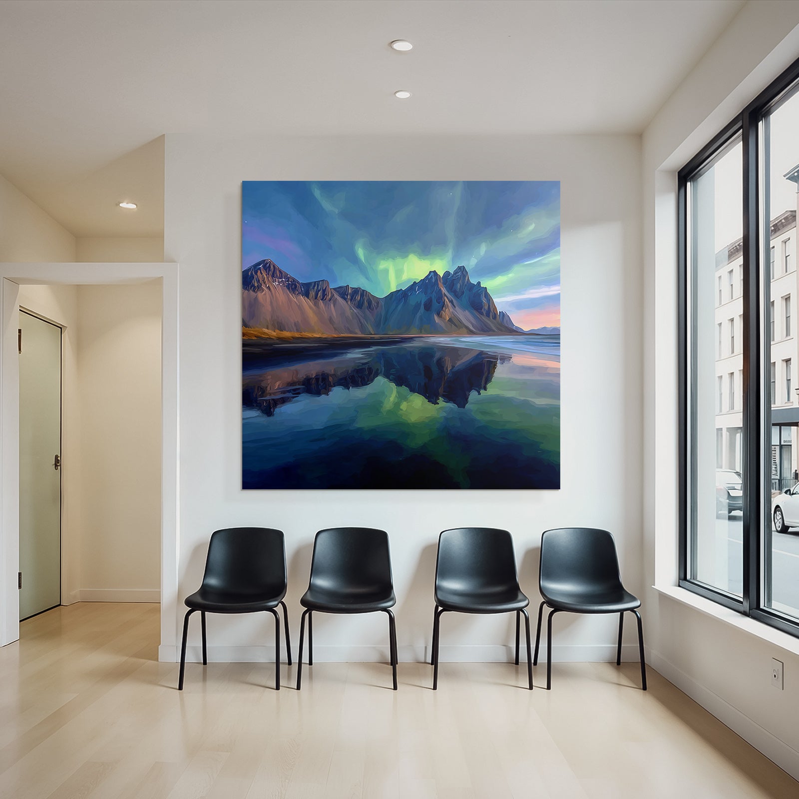 Polarlicht Szenische Landlandschaft Mit Bergen Und Nordlichtern Reflexion Im Wasser | Fjorde und Gletscher | Landschaften