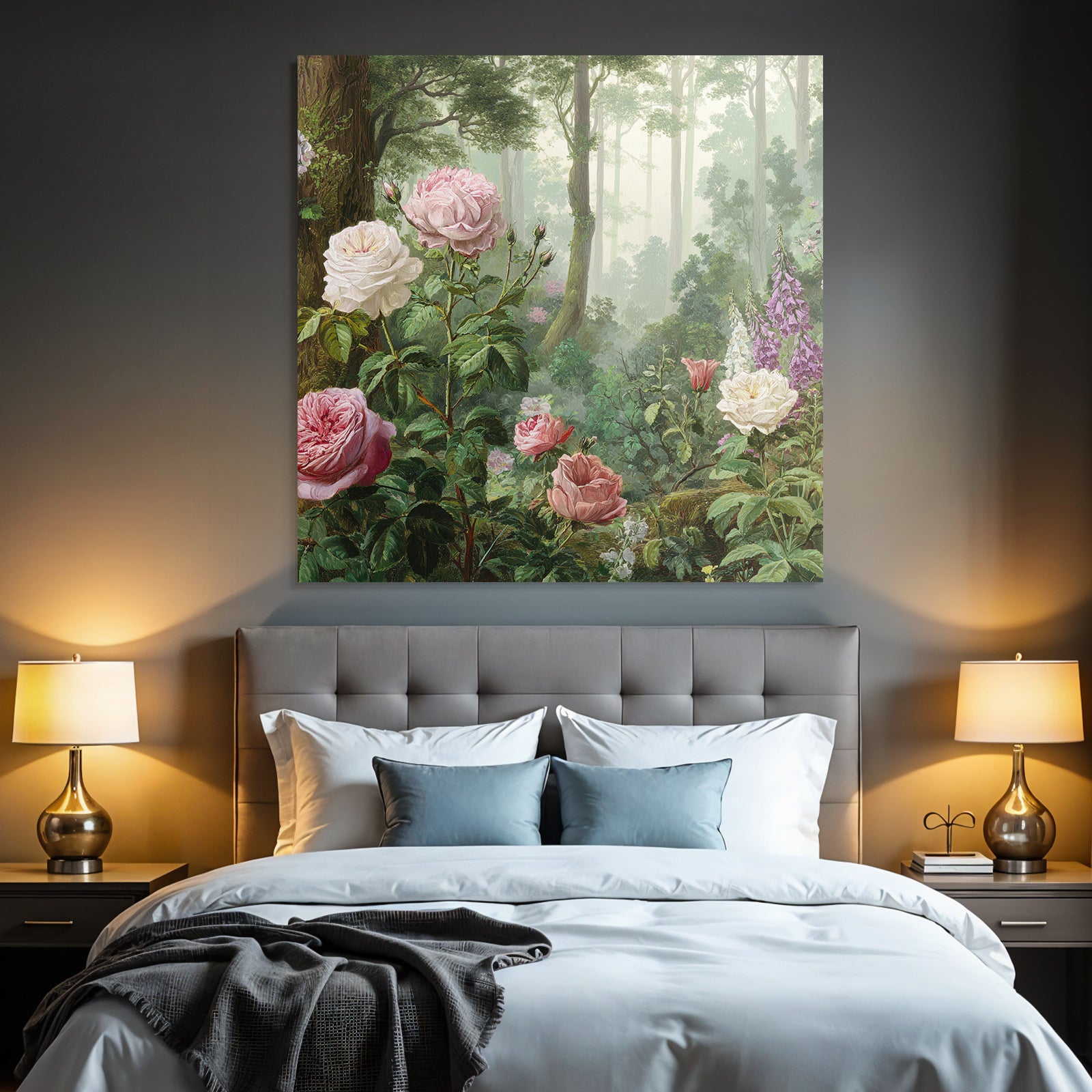 Malerische Waldszene Mit Rosen Und Blütenpflanzen In Dunstiger Atmosphäre