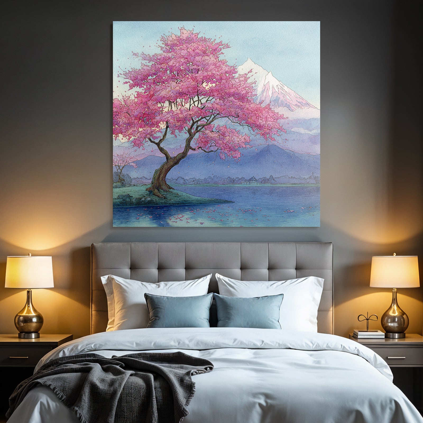 Aquarelllandschaft Mit Kirschblütenbaum Am See Vor Schneebedeckten Bergen